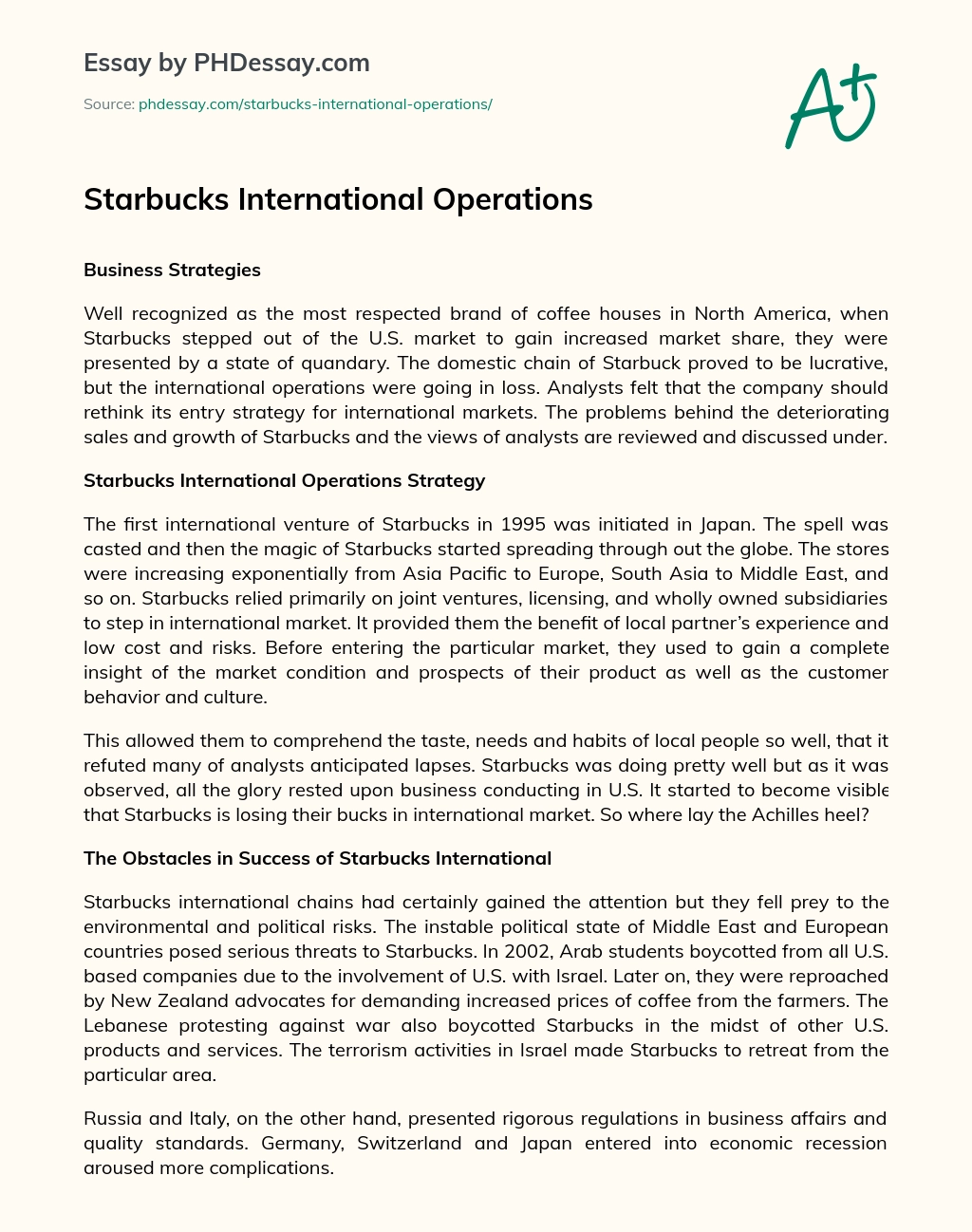 Starbucks International Operations essay