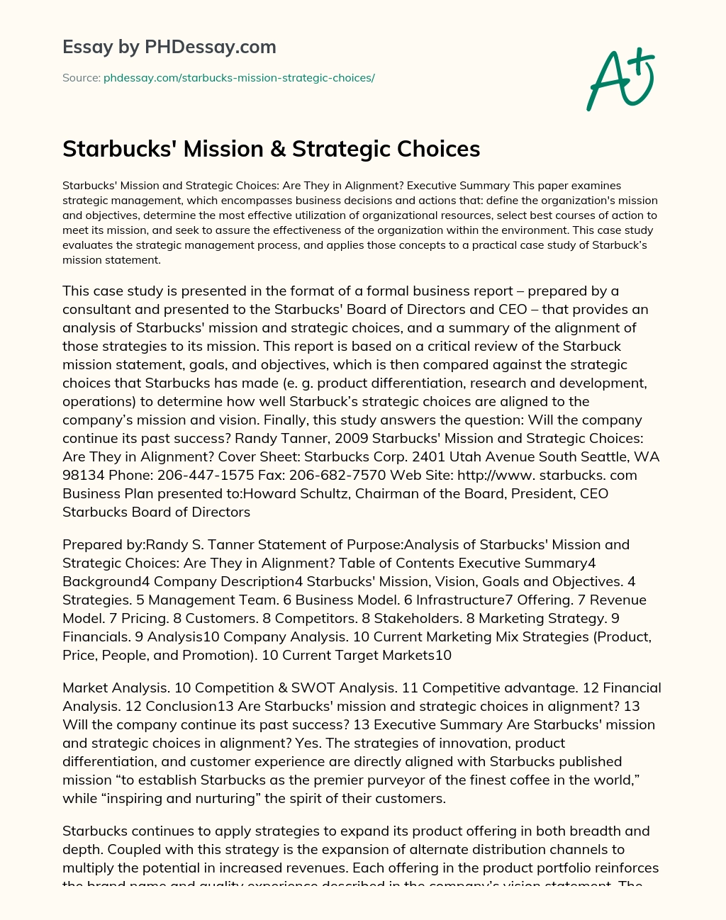 Starbucks’ Mission & Strategic Choices essay