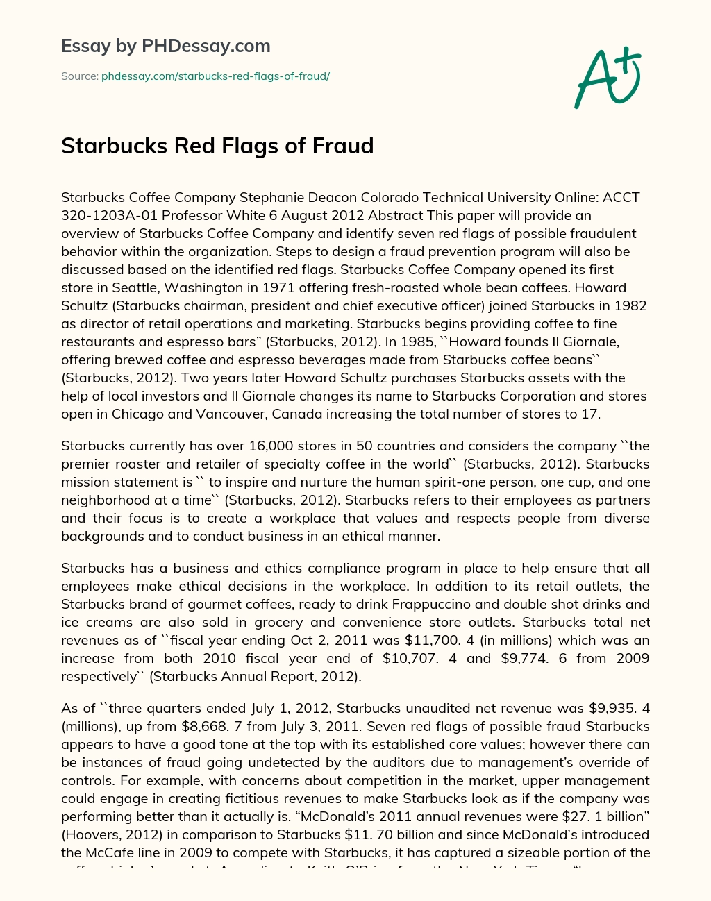 Starbucks Red Flags of Fraud essay