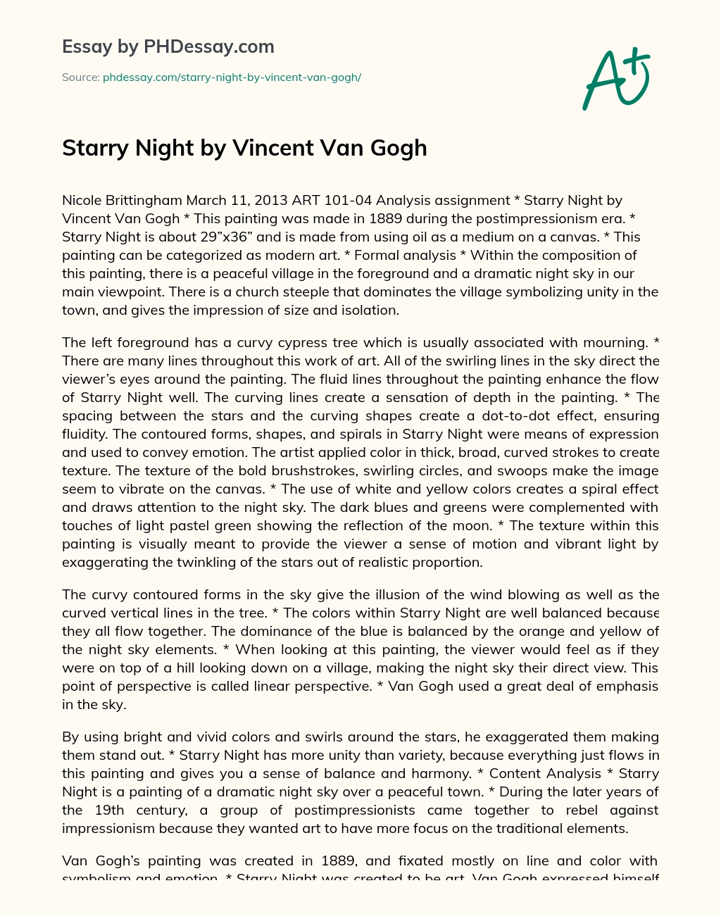 Starry Night by Vincent Van Gogh essay