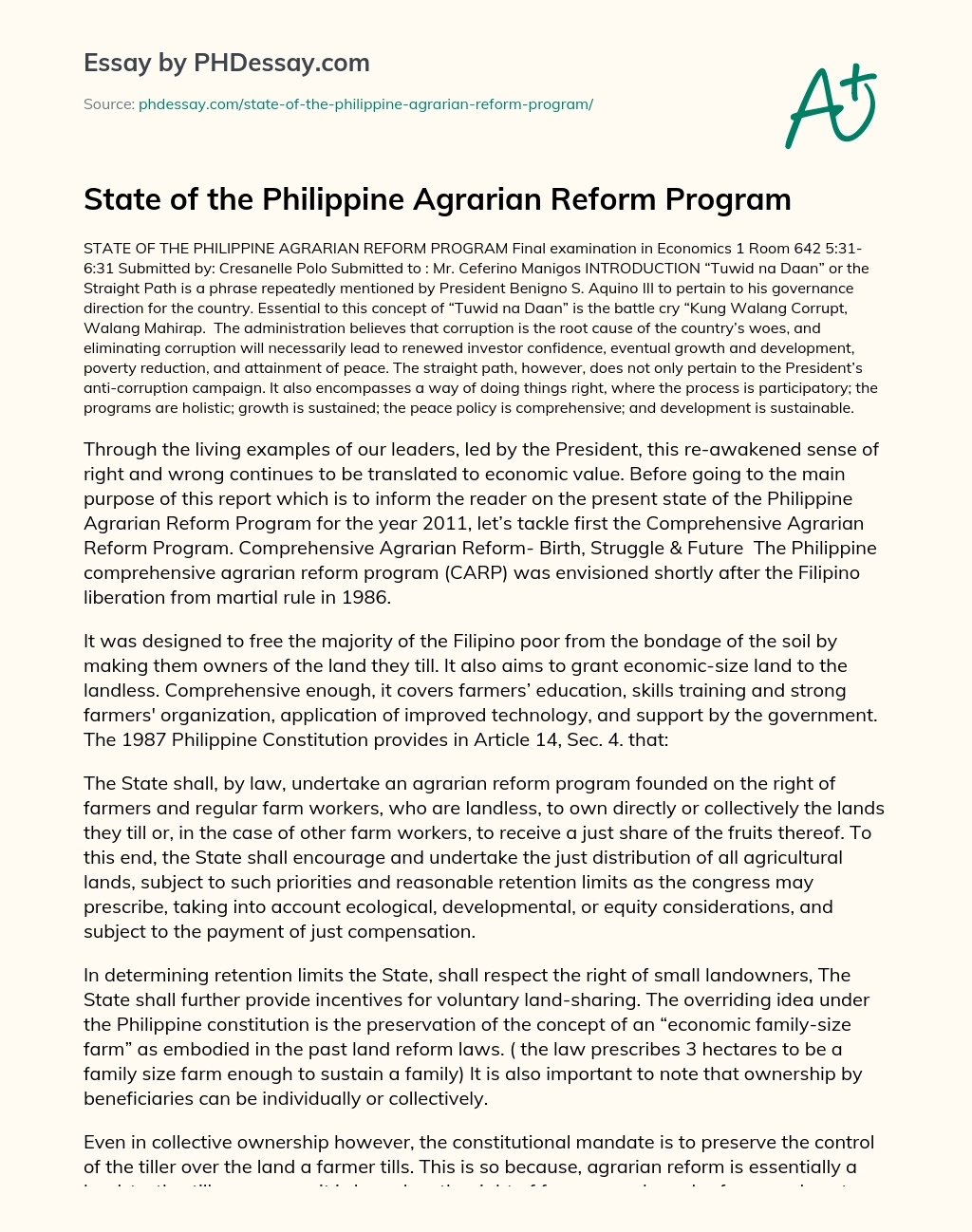 State of the Philippine Agrarian Reform Program essay