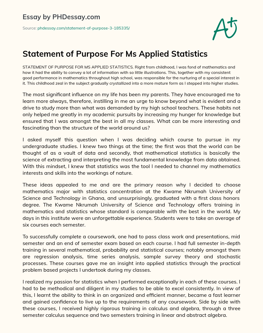 Statement of Purpose For Ms Applied Statistics essay