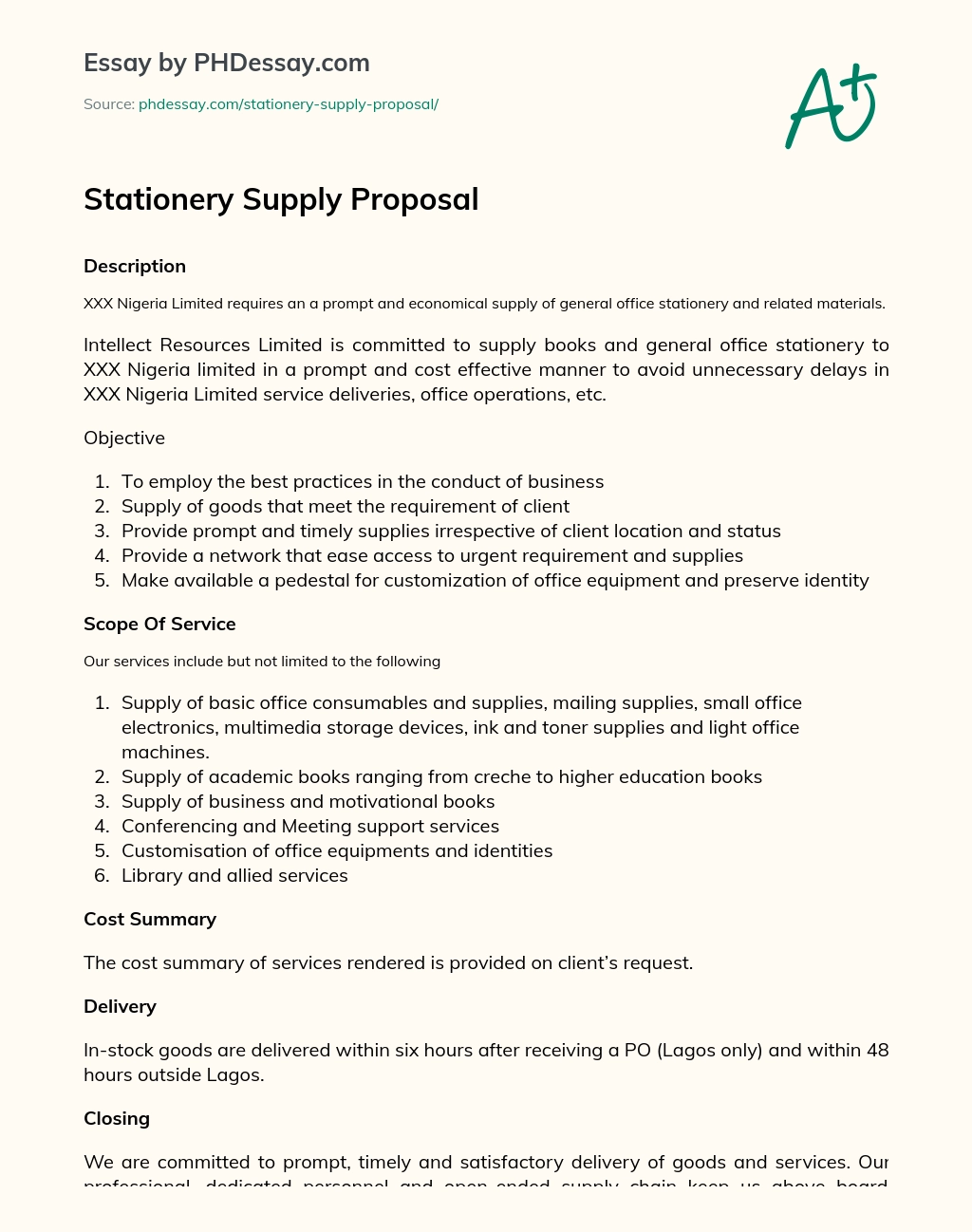 Stationery Supply Proposal essay