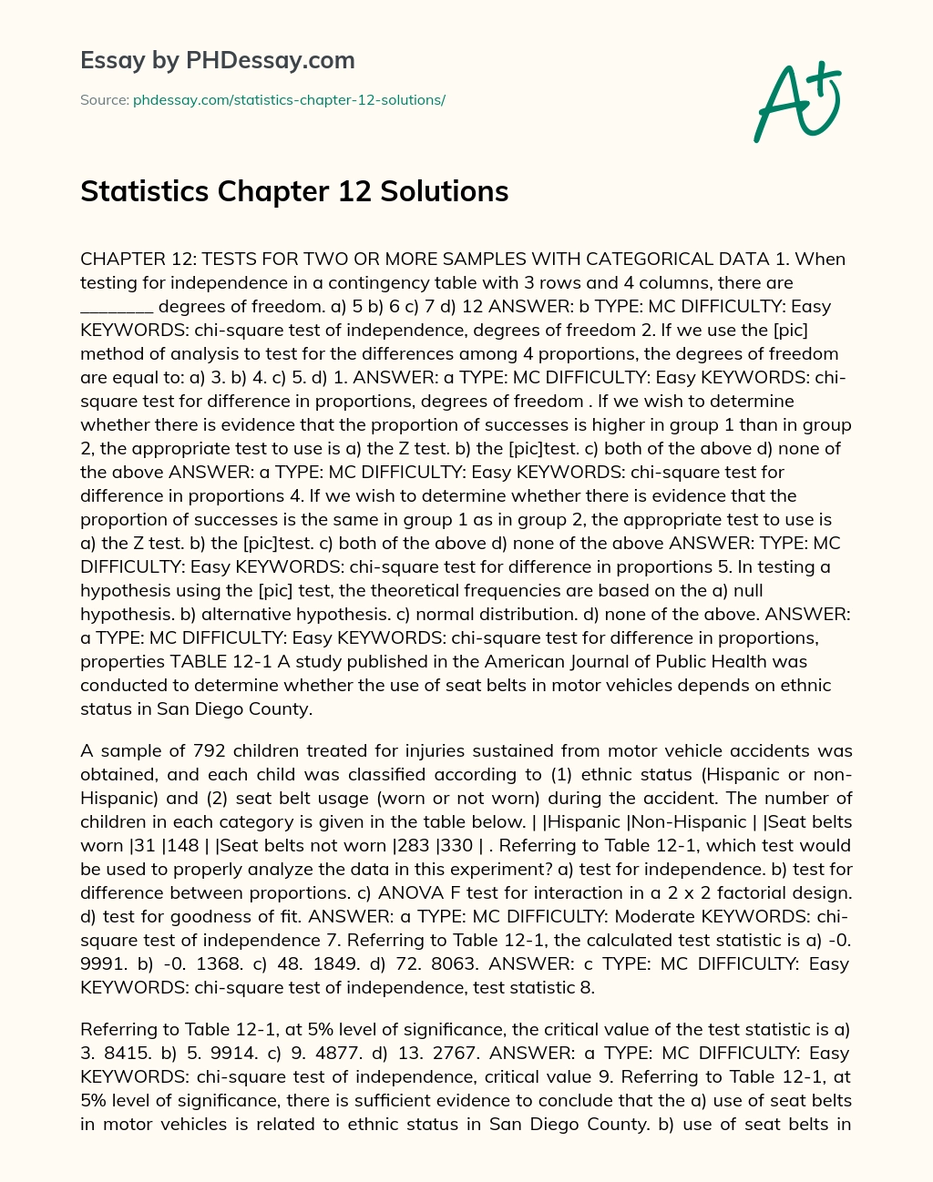 Statistics Chapter 12 Solutions essay