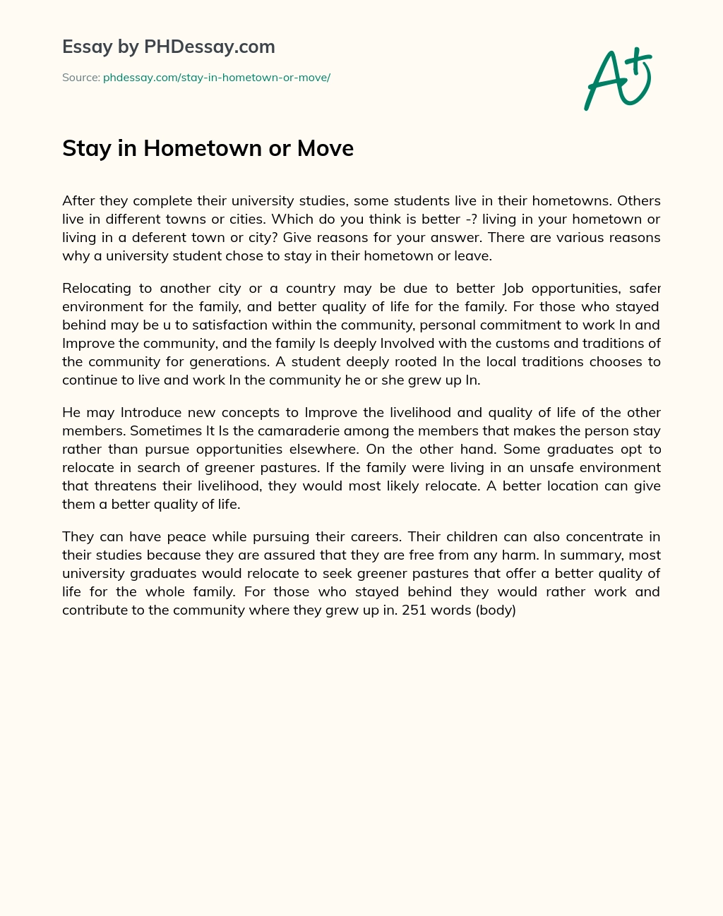 Stay in Hometown or Move essay