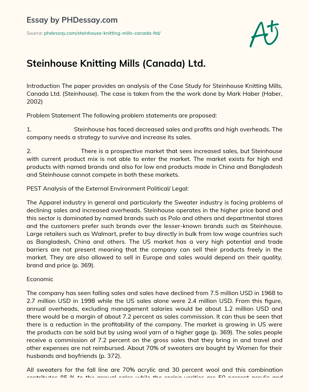 Steinhouse Knitting Mills (Canada) Ltd. essay