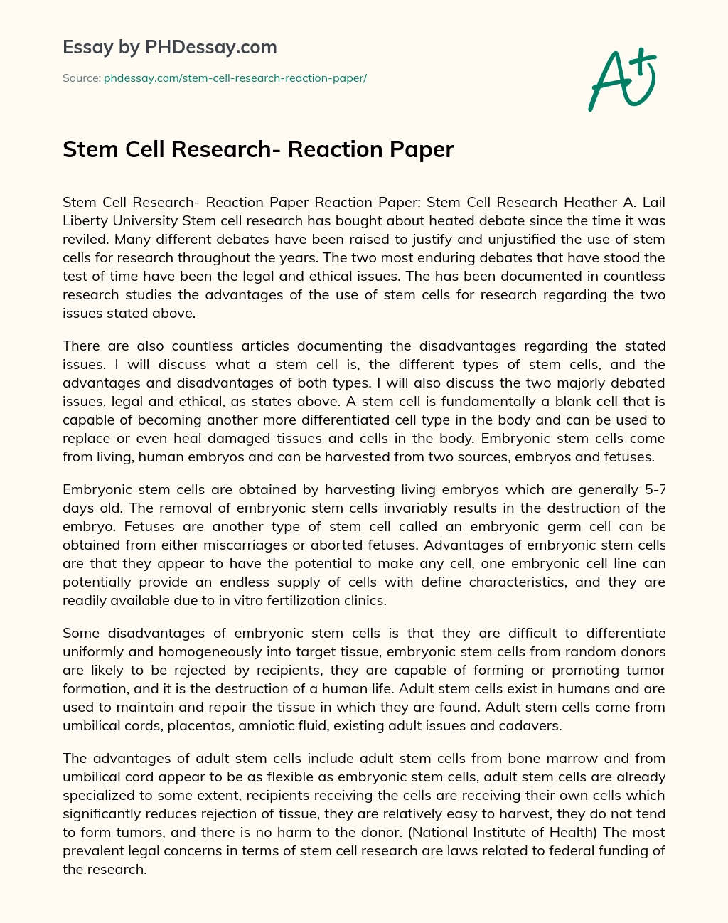 Реферат: Stem Cell Research Essay Research Paper Stem