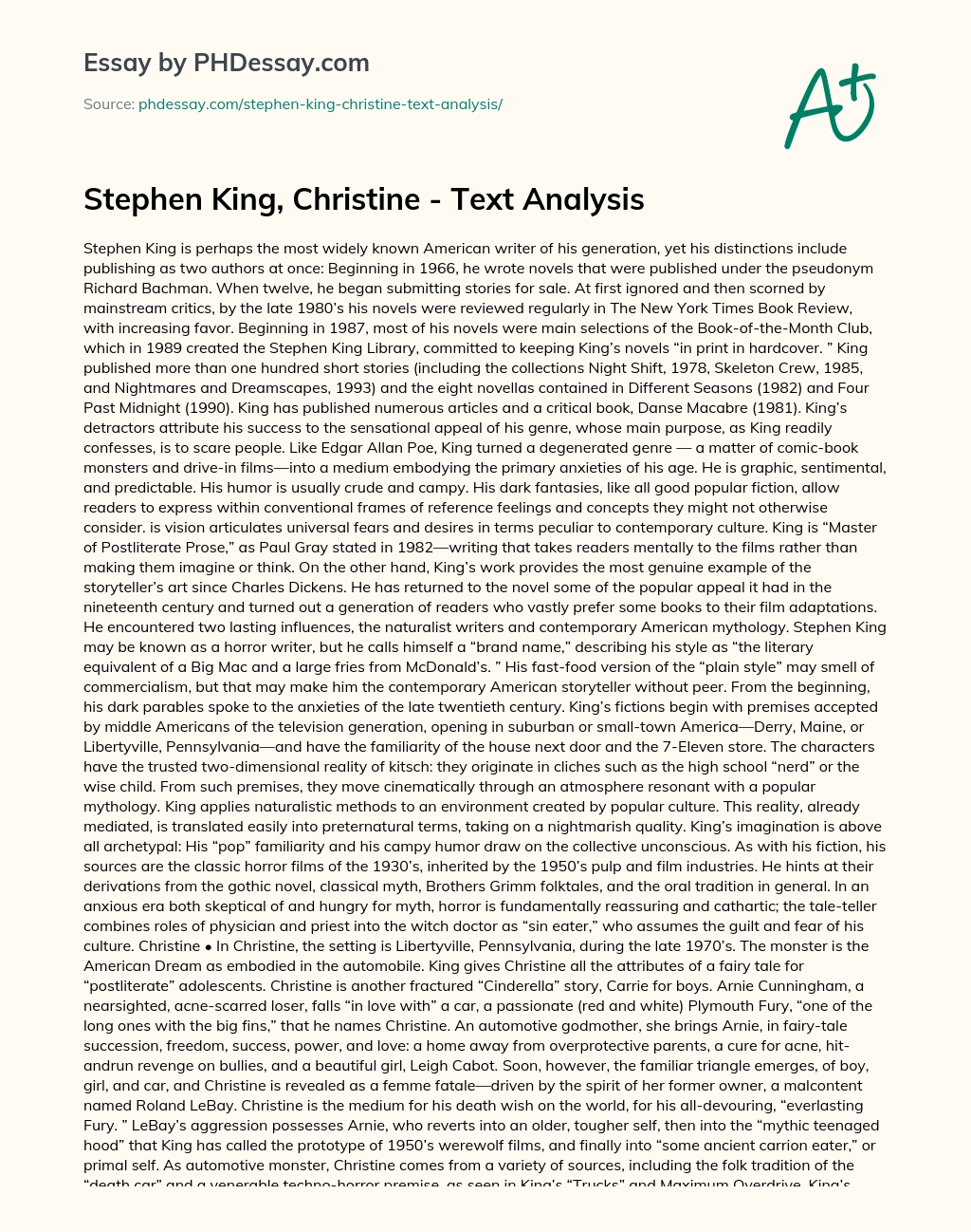 Stephen King, Christine – Text Analysis essay