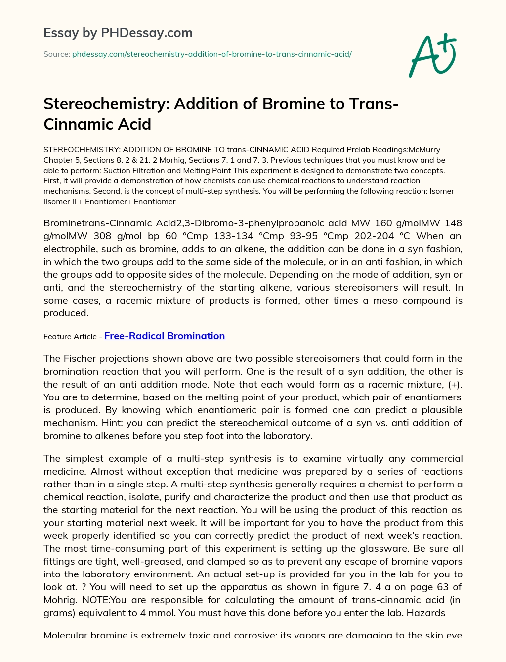 Stereochemistry: Addition of Bromine to Trans-Cinnamic Acid essay