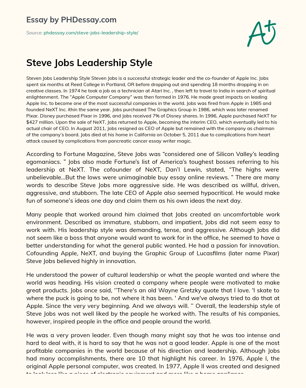Steve Jobs Leadership Style essay