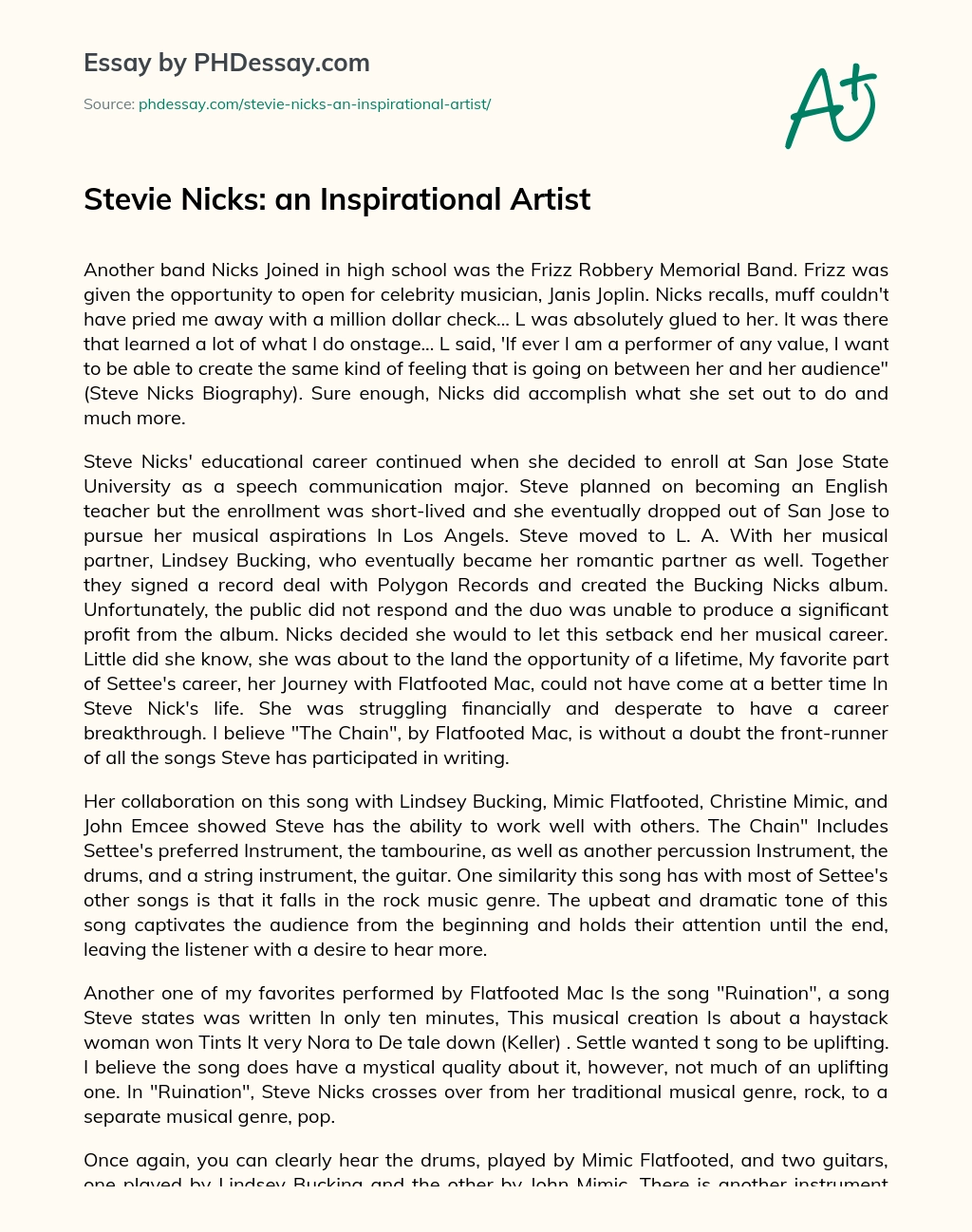 Stevie Nicks: an Inspirational Artist essay