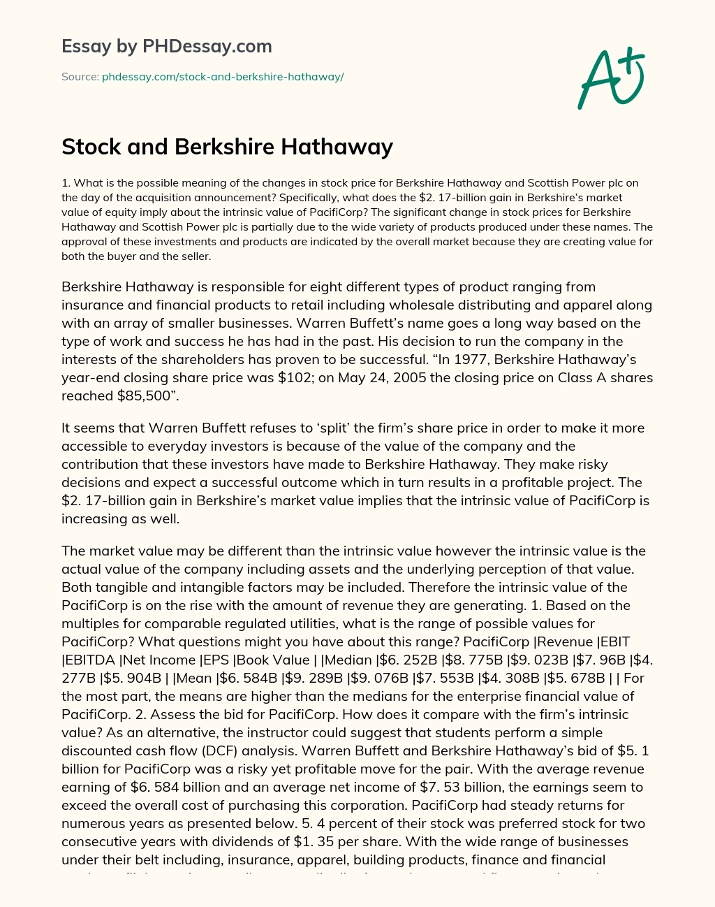 Stock and Berkshire Hathaway essay