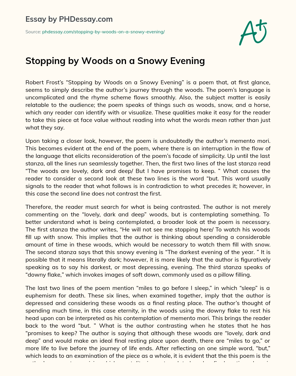 stopping by woods on a snowy evening analysis essay