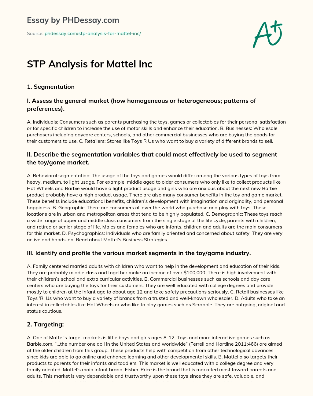 STP Analysis for Mattel Inc essay
