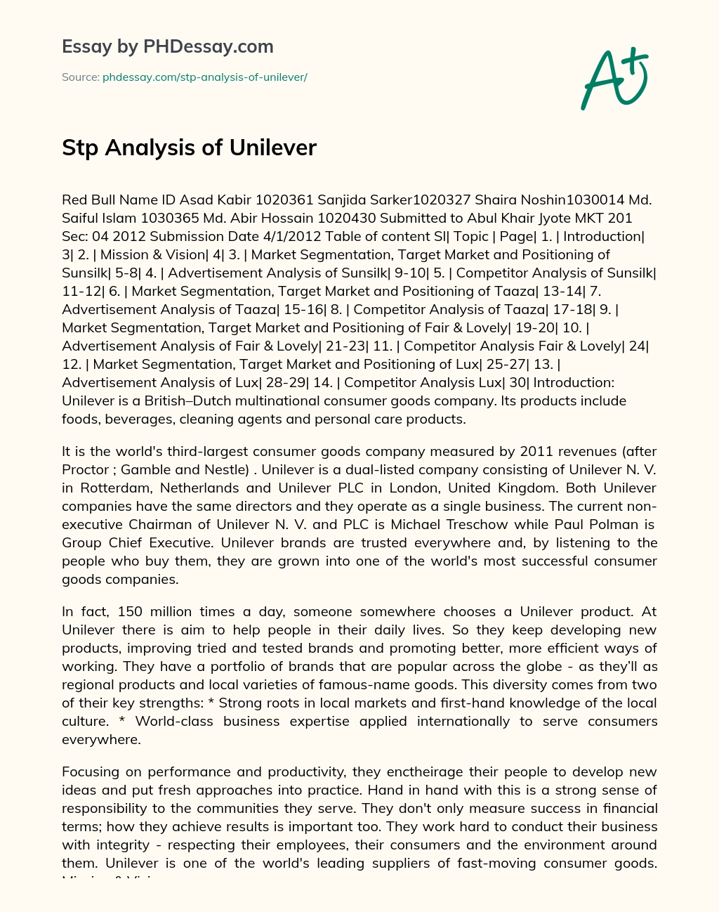 STP Analysis of Unilever essay