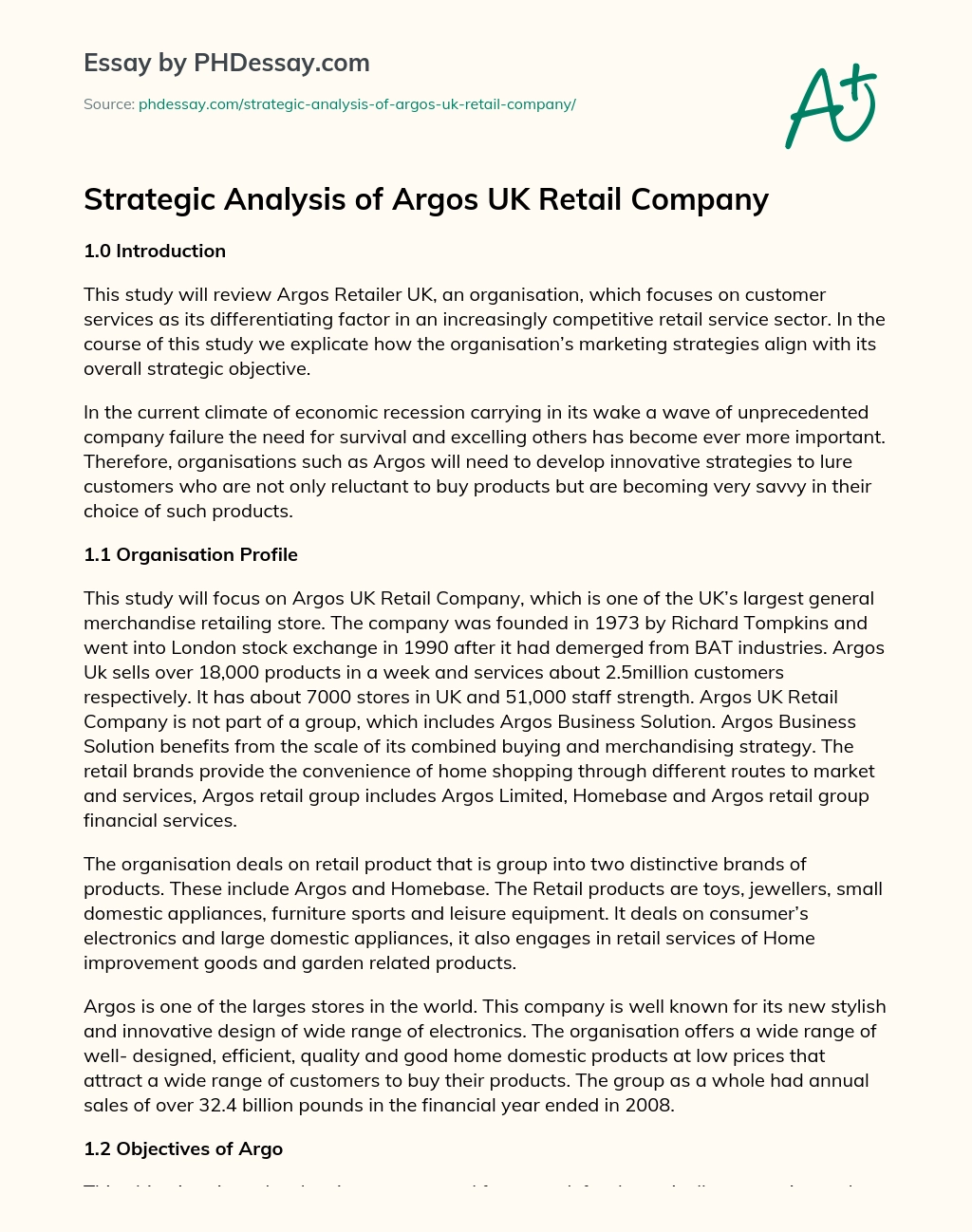 Strategic Analysis of Argos UK Retail Company essay