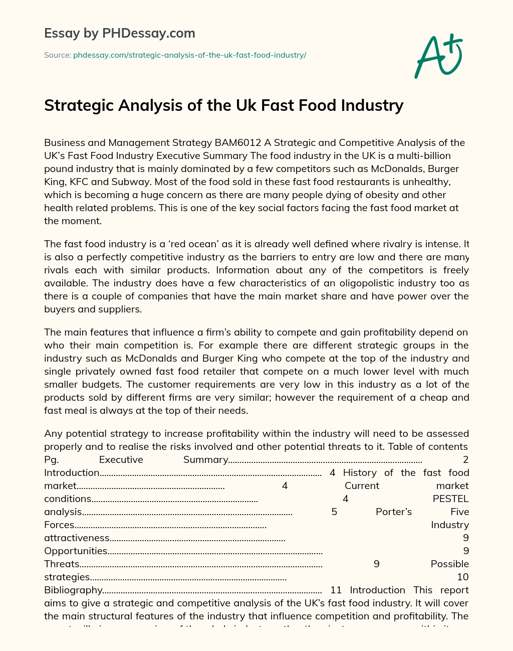 Strategic Analysis of the Uk Fast Food Industry essay