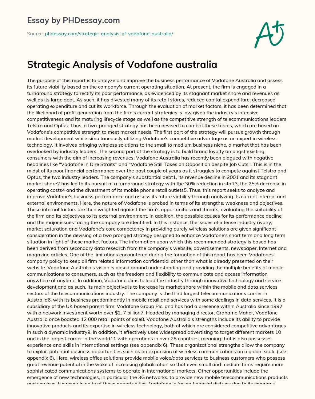 Strategic Analysis of Vodafone australia essay