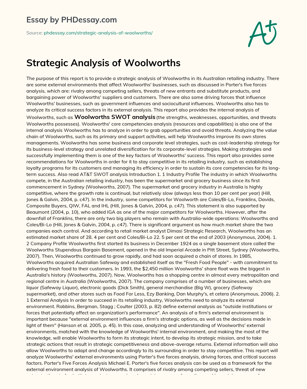 Strategic Analysis of Woolworths essay