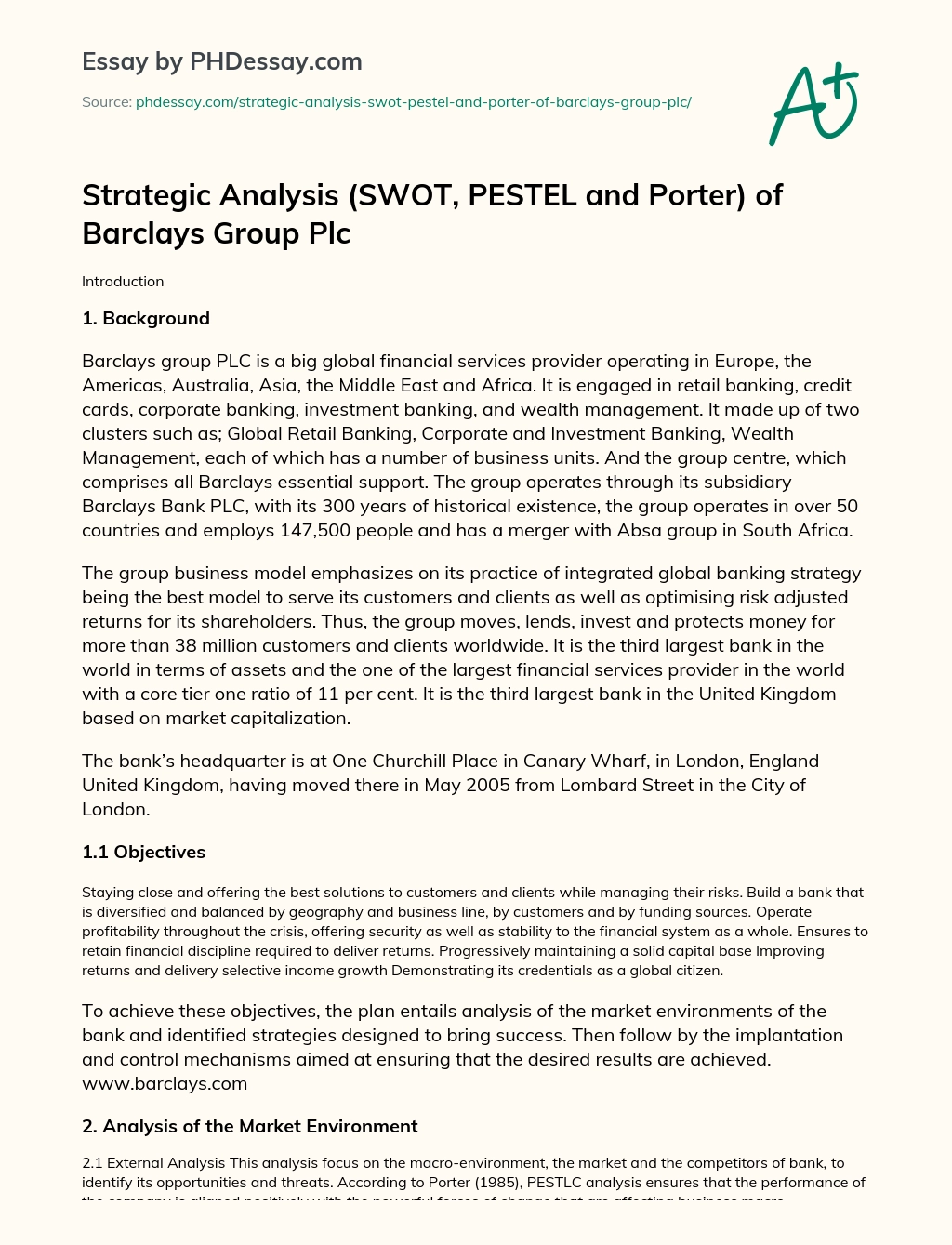 Strategic Analysis (SWOT, PESTEL and Porter) of Barclays Group Plc essay