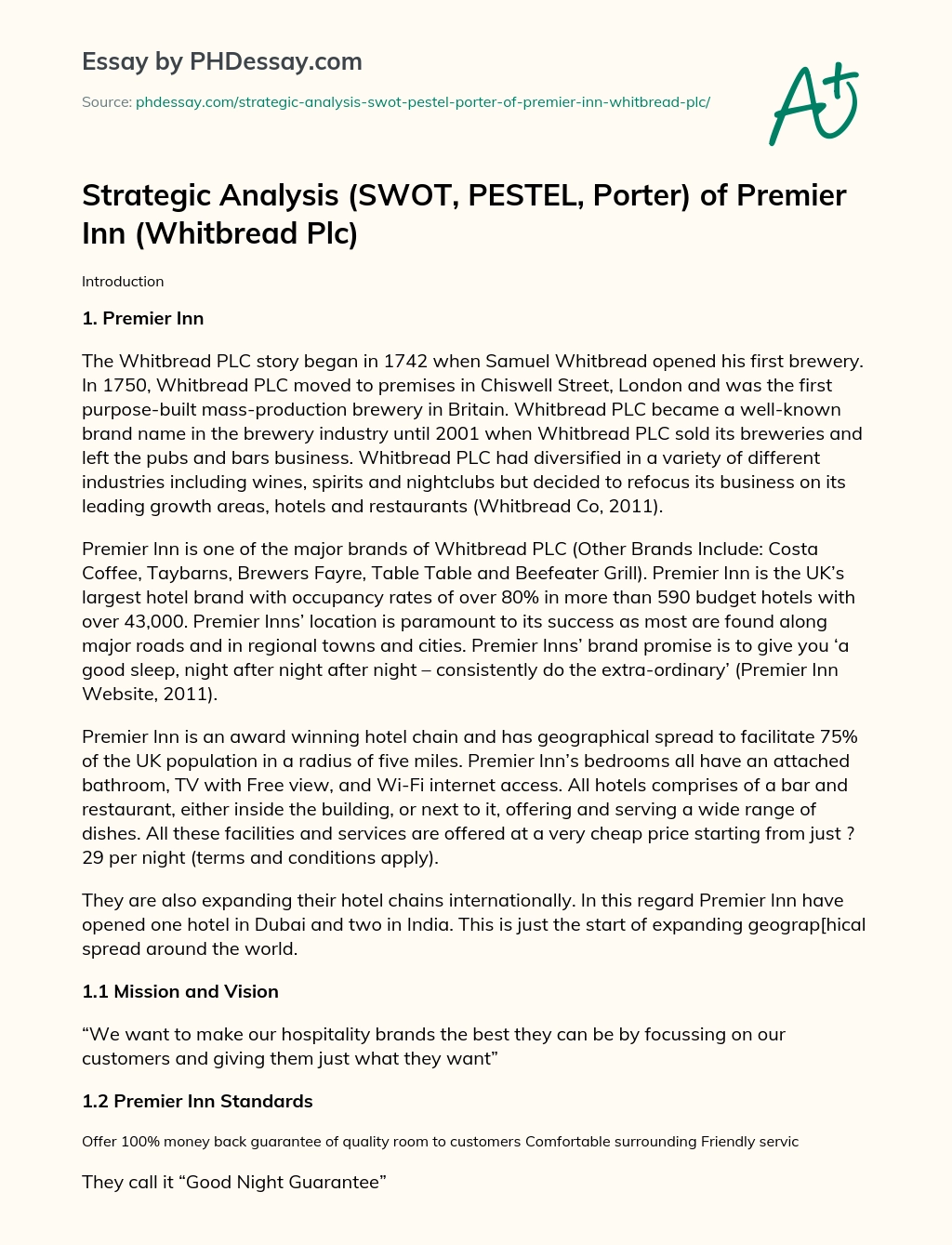 Strategic Analysis (SWOT, PESTEL, Porter) of Premier Inn (Whitbread Plc) essay