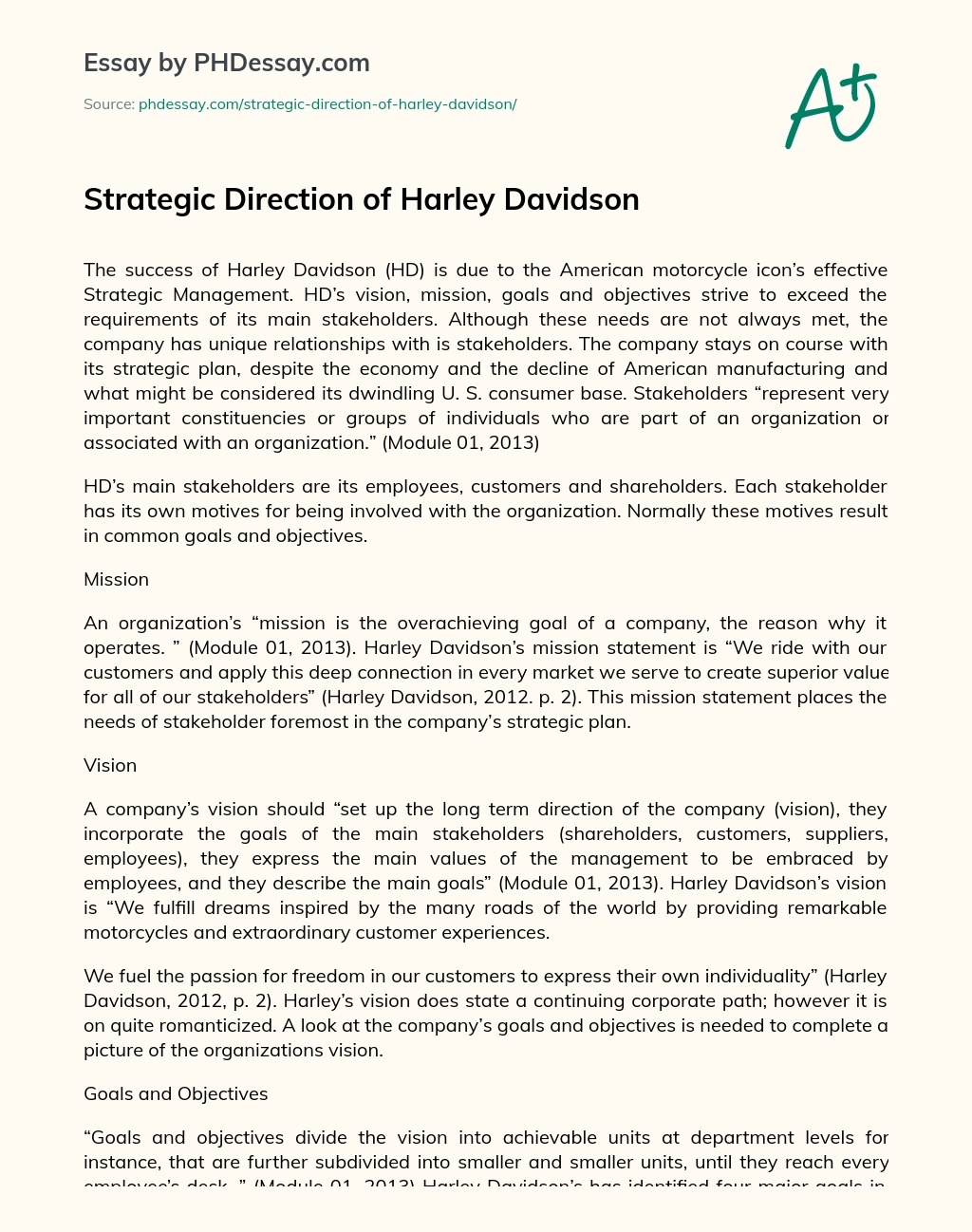 Strategic Direction of Harley Davidson essay