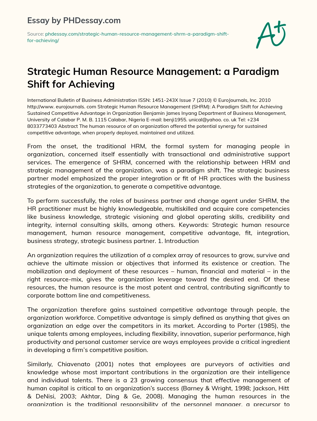 Strategic Human Resource Management: a Paradigm Shift for Achieving essay
