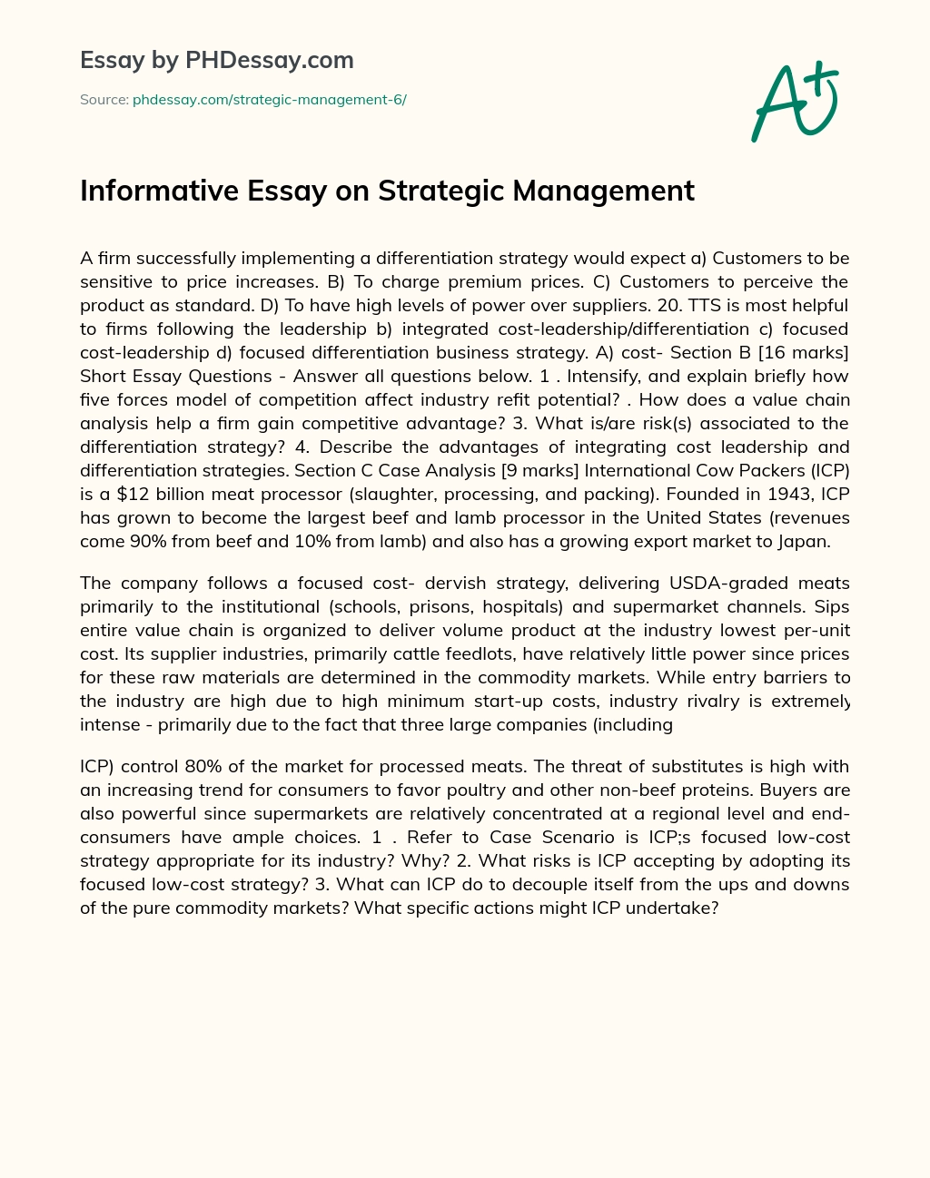 Informative Essay on Strategic Management essay
