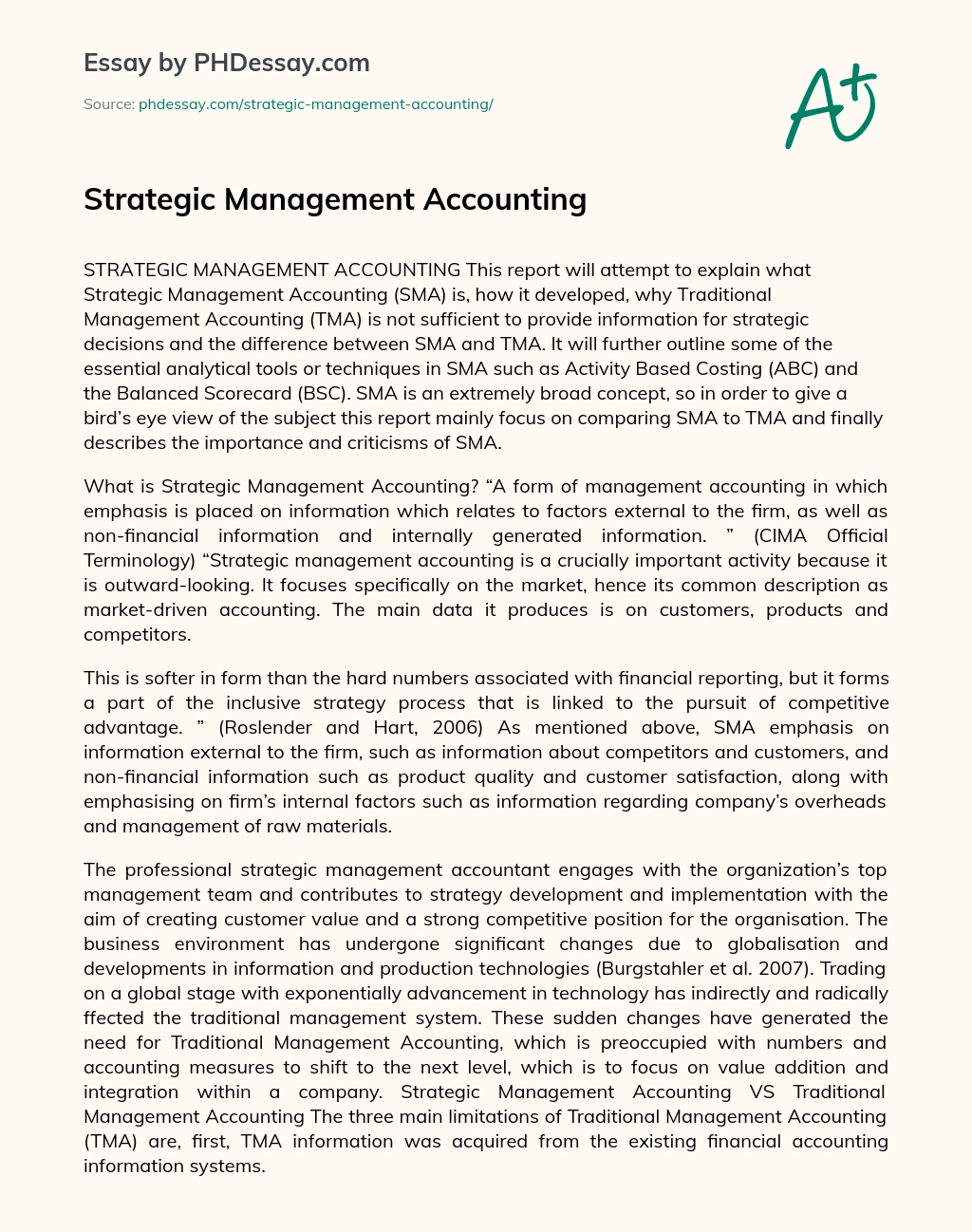 Strategic Management Accounting essay