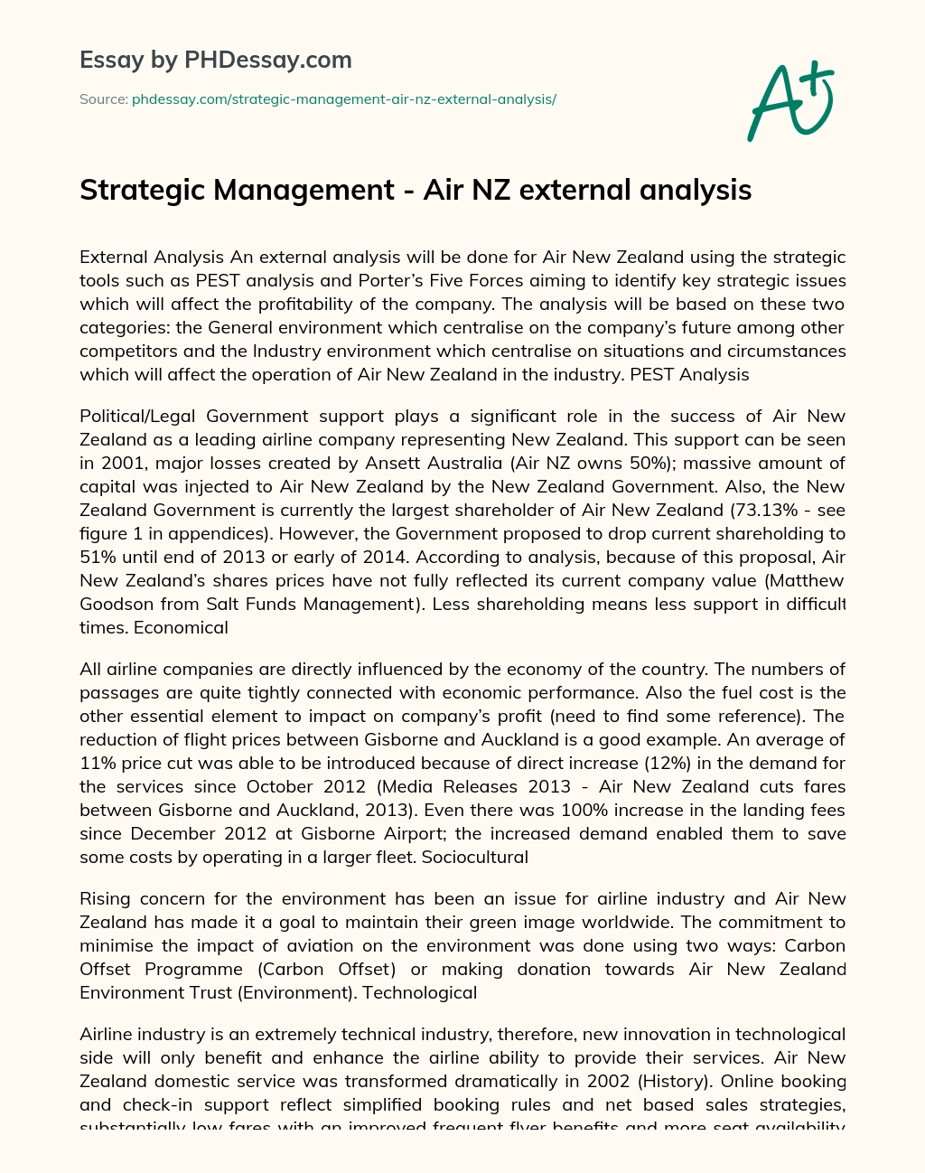 Strategic Management – Air NZ External Analysis essay