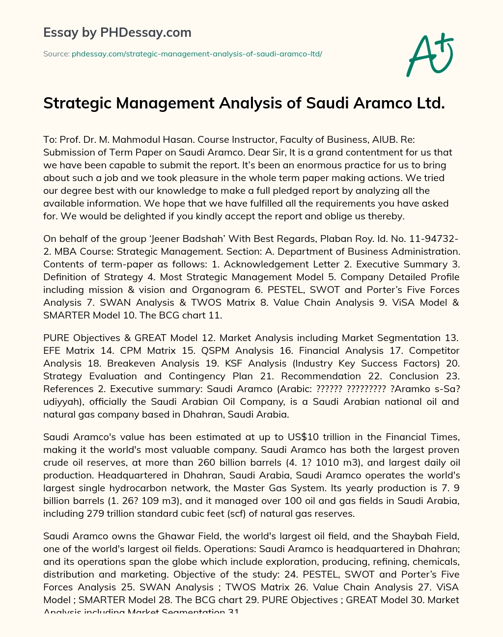 Strategic Management Analysis of Saudi Aramco Ltd. essay