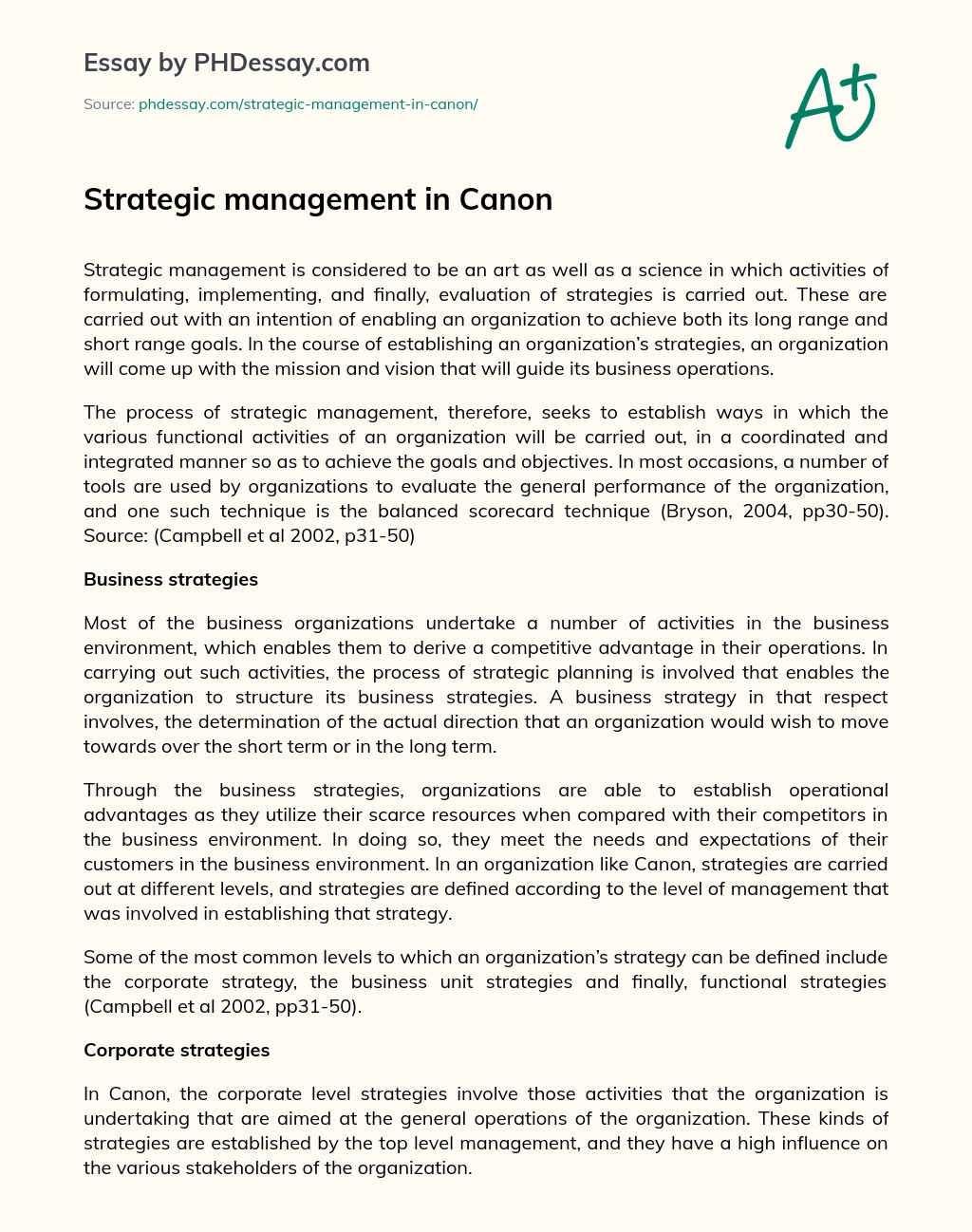 Strategic management in Canon essay