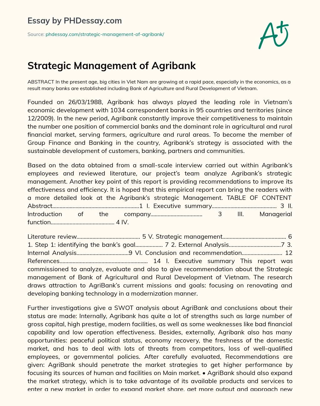 Strategic Management of Agribank essay
