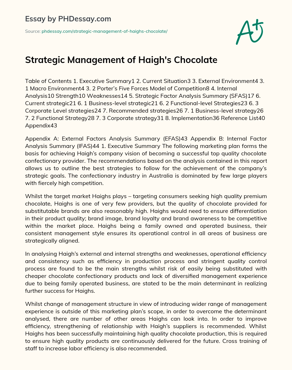 Strategic Management of Haigh’s Chocolate essay