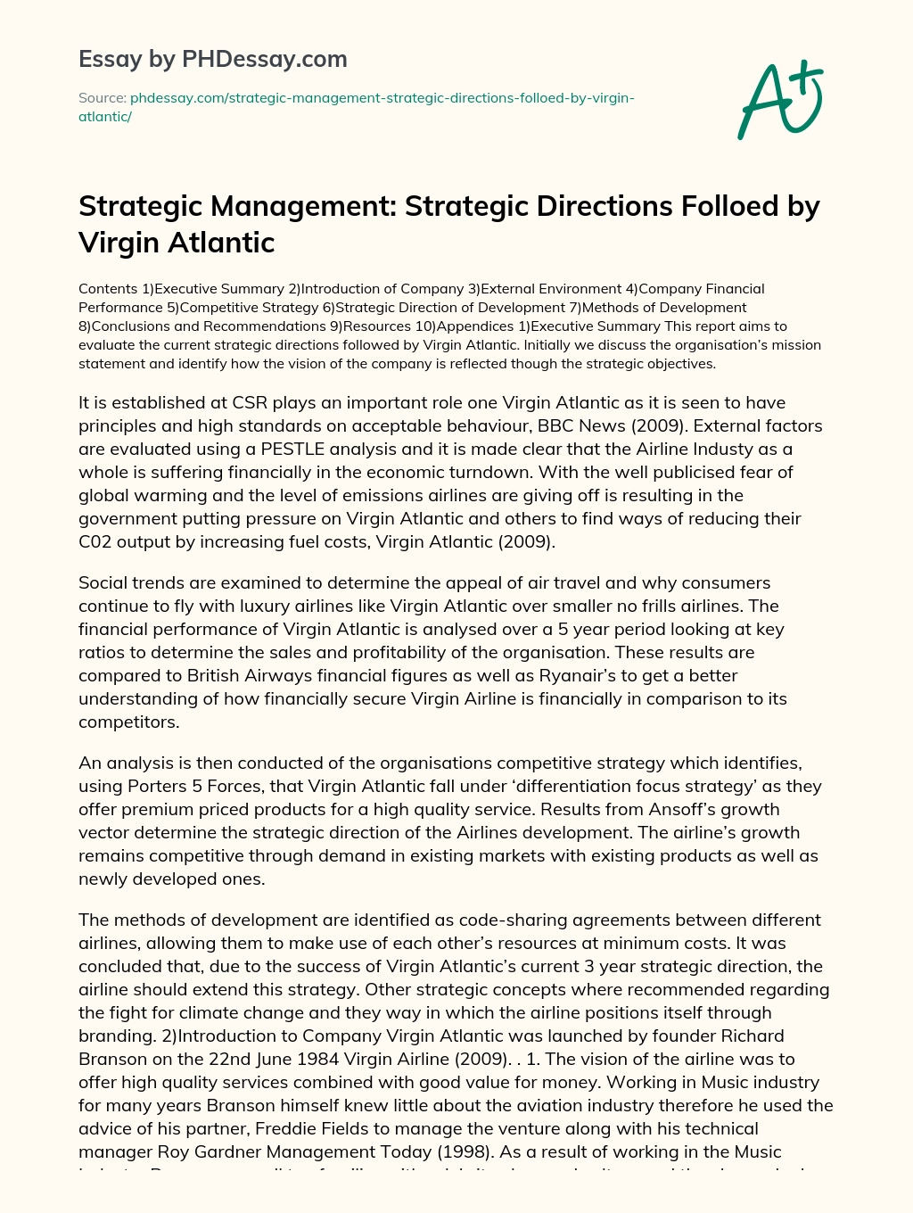 Strategic Management: Strategic Directions Folloed by Virgin Atlantic essay