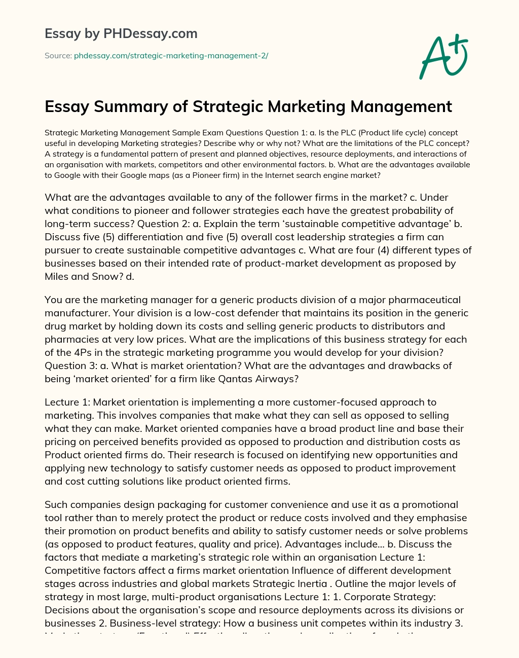 Essay Summary of Strategic Marketing Management essay