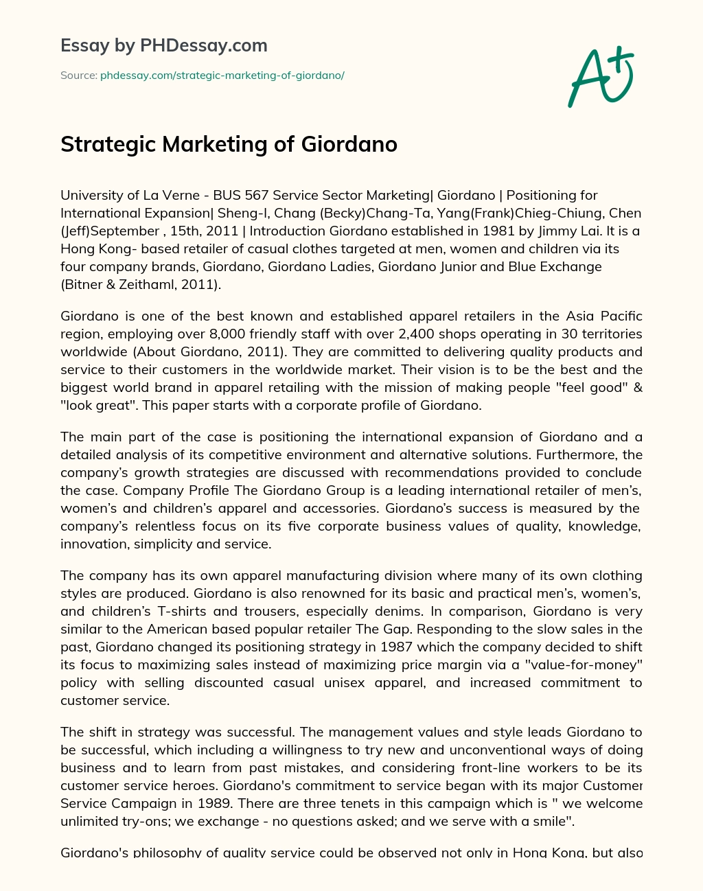 Strategic Marketing of Giordano essay