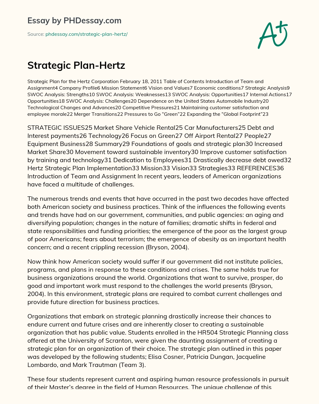 Strategic Plan-Hertz essay