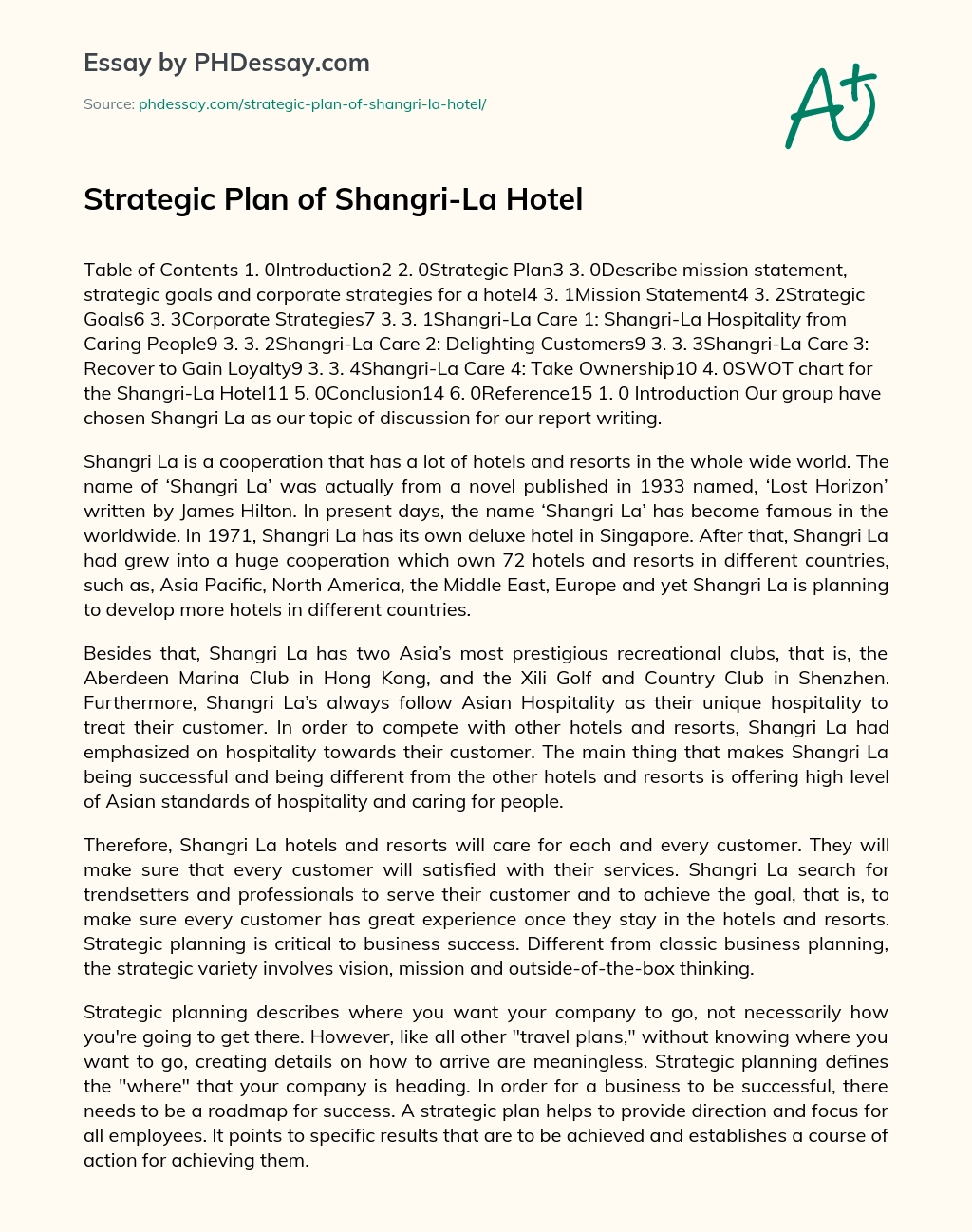 Strategic Plan of Shangri-La Hotel essay