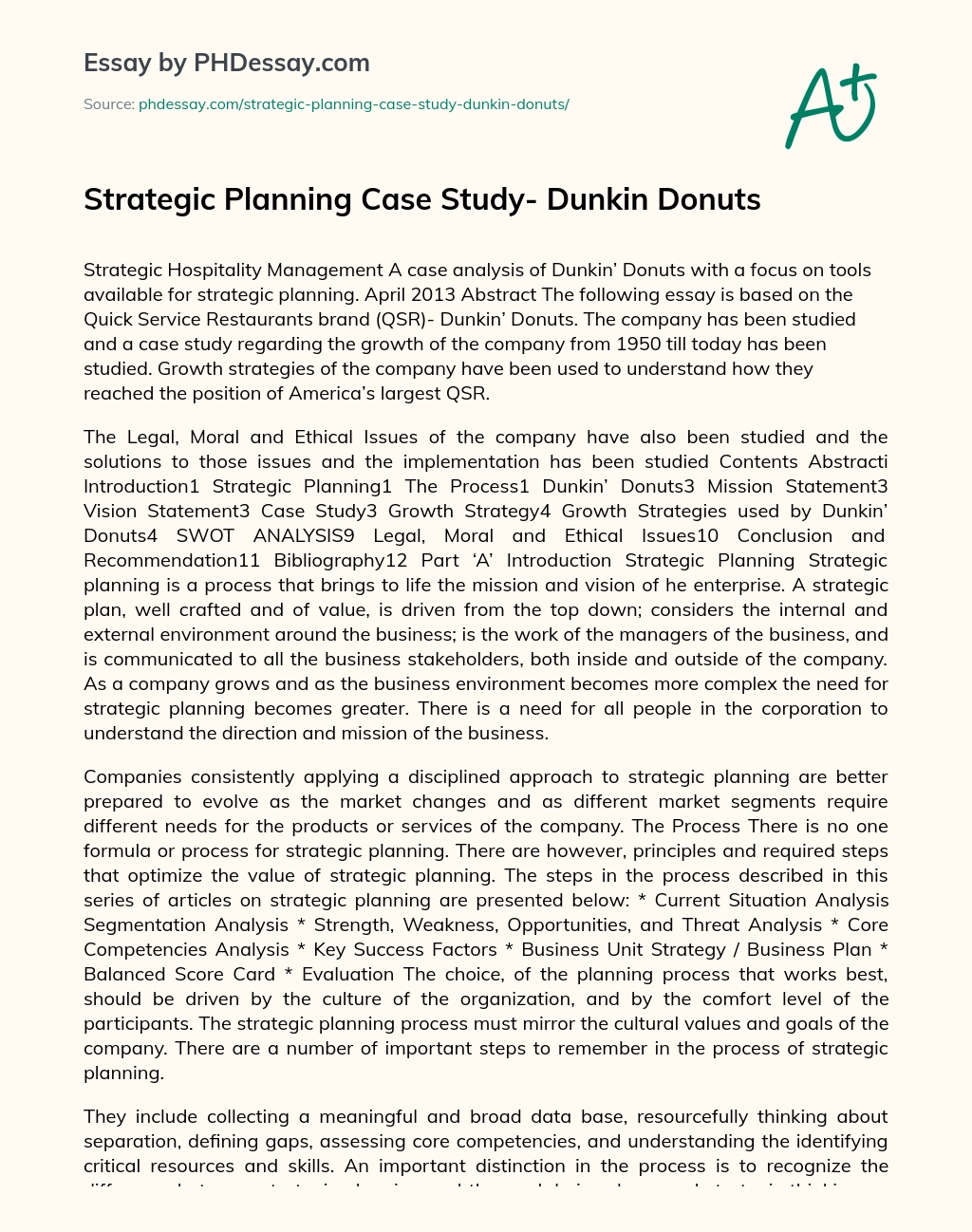 Strategic Planning Case Study- Dunkin Donuts essay