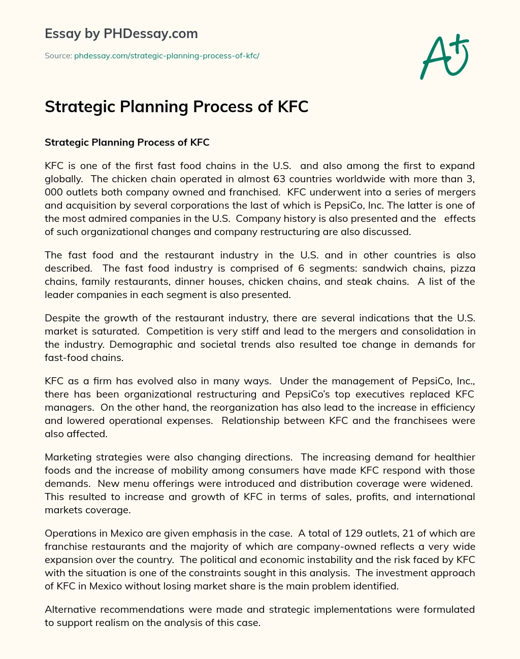 Strategic Planning Process of KFC essay