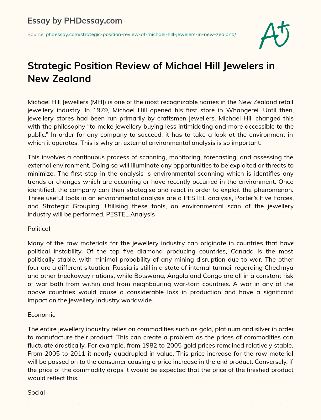 Strategic Position Review of Michael Hill Jewelers in New Zealand essay