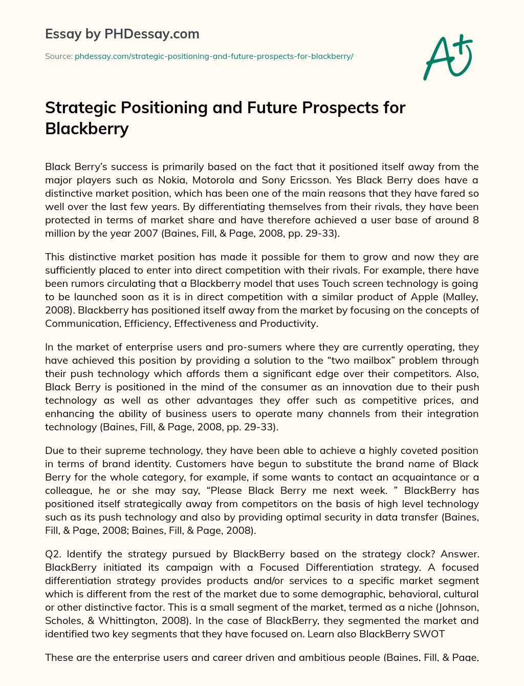 Strategic Positioning and Future Prospects for Blackberry essay