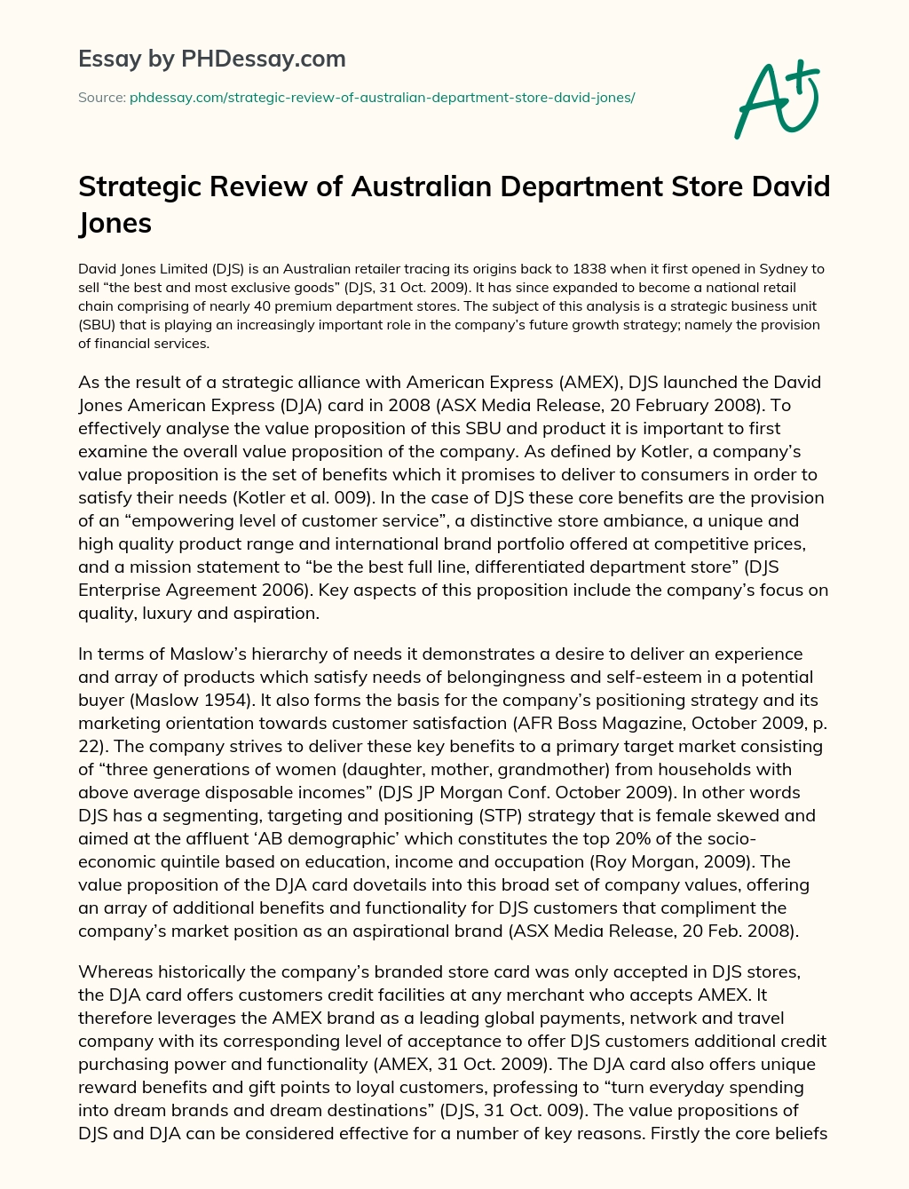 Strategic Review of Australian Department Store David Jones essay