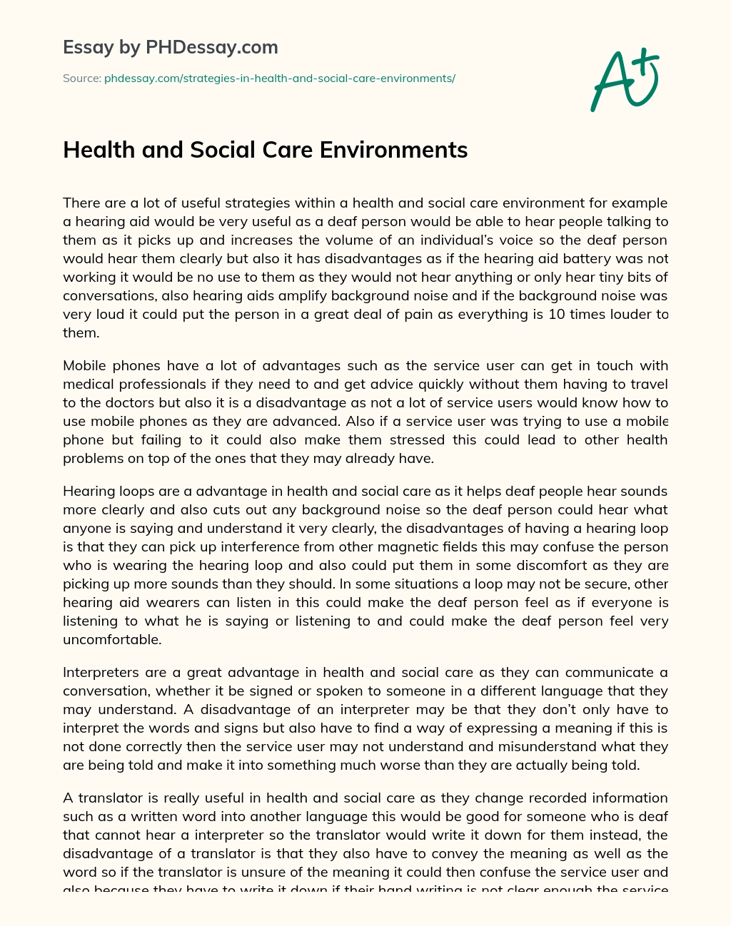 Health and Social Care Environments essay