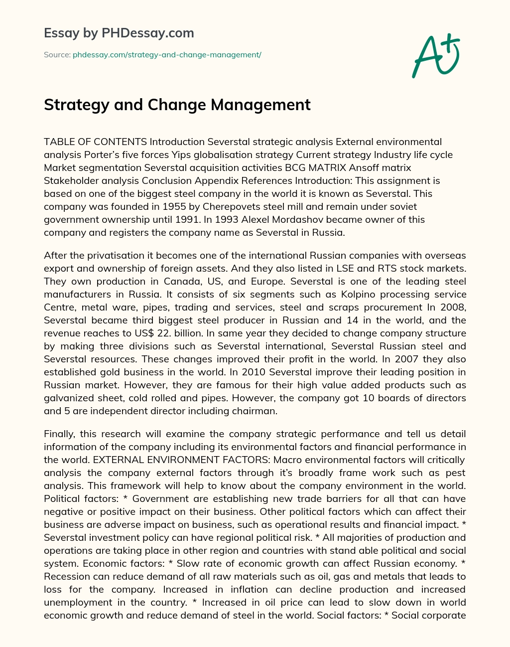 Strategy and Change Management essay