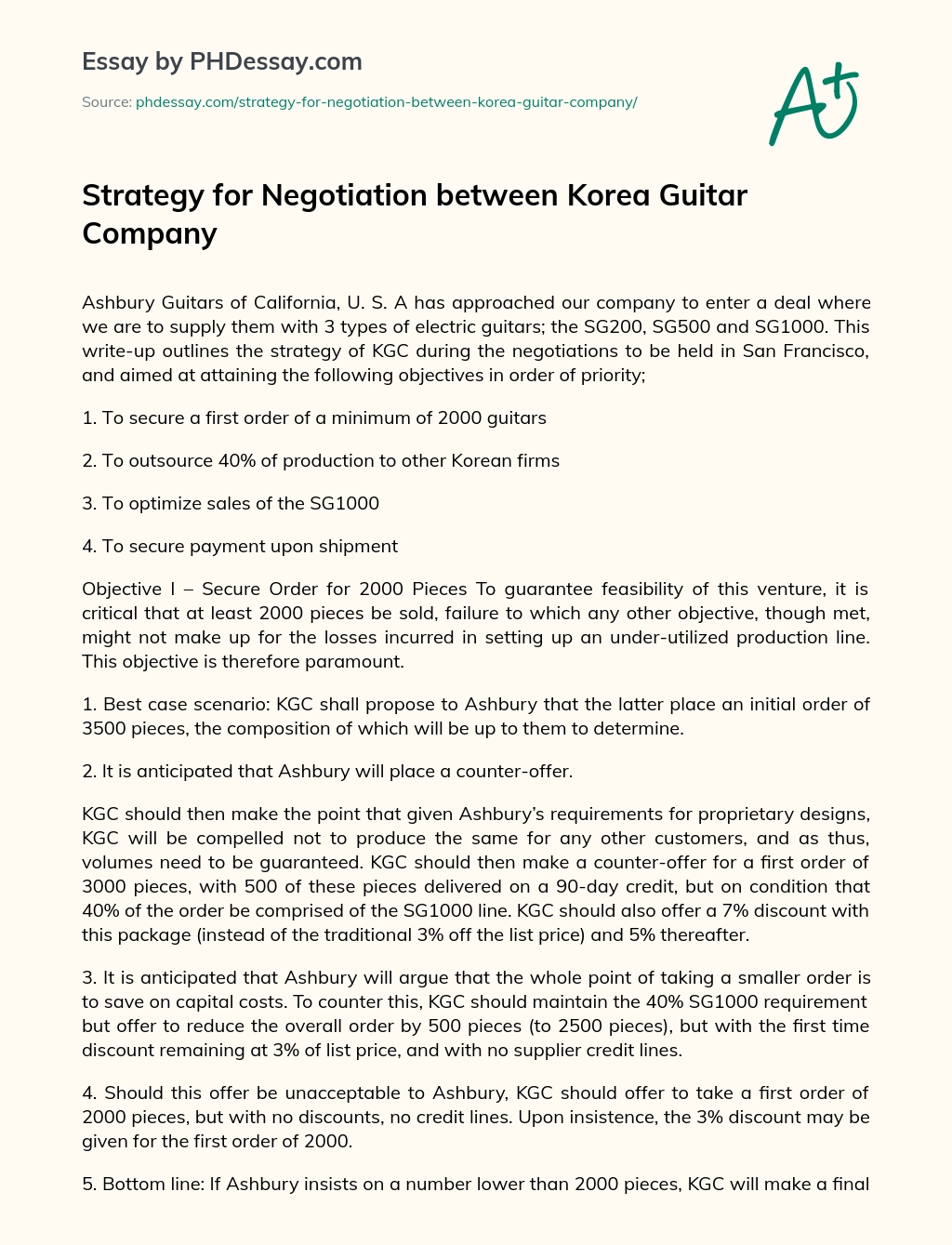 Strategy for Negotiation between Korea Guitar Company essay