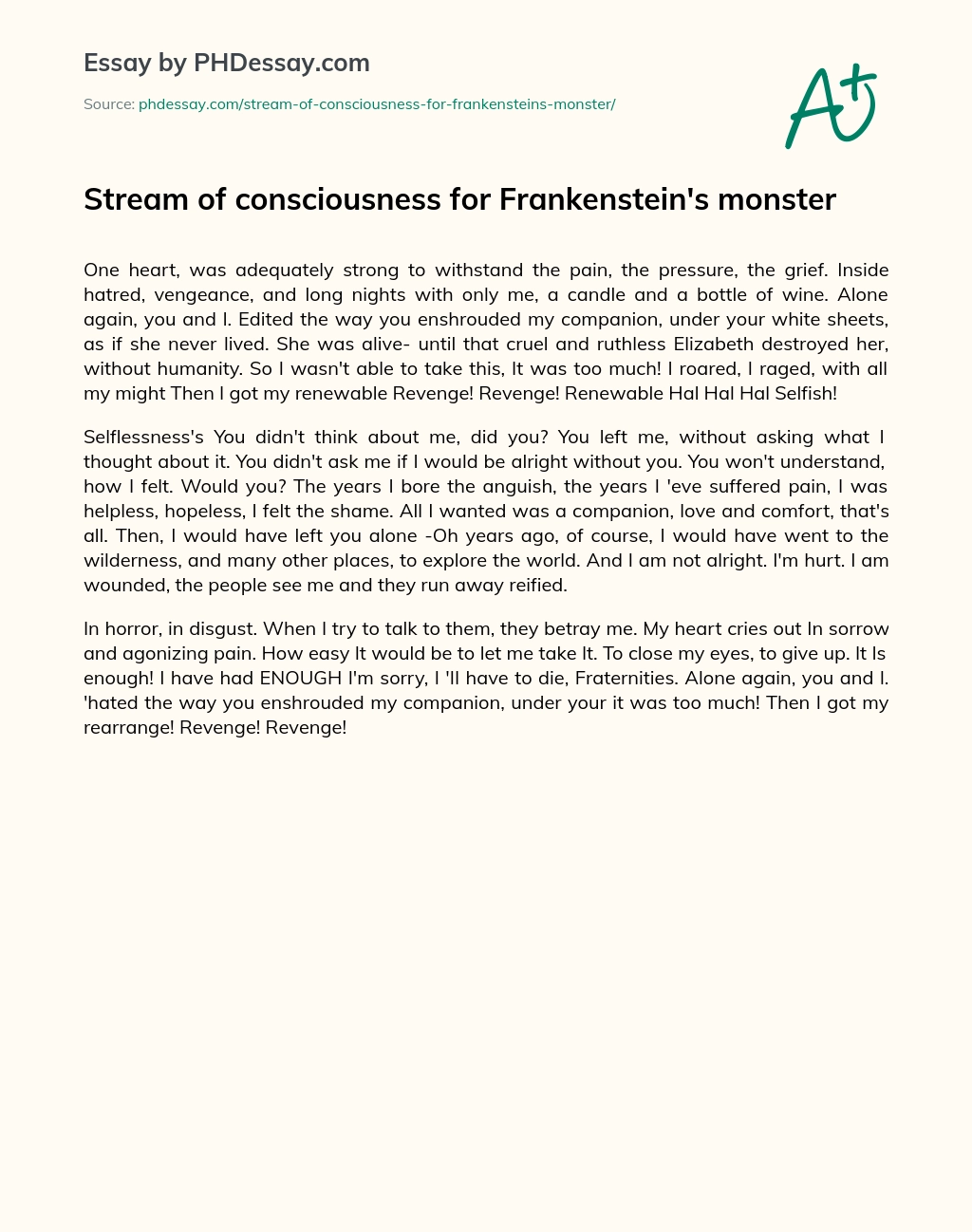 Stream of consciousness for Frankenstein’s monster essay
