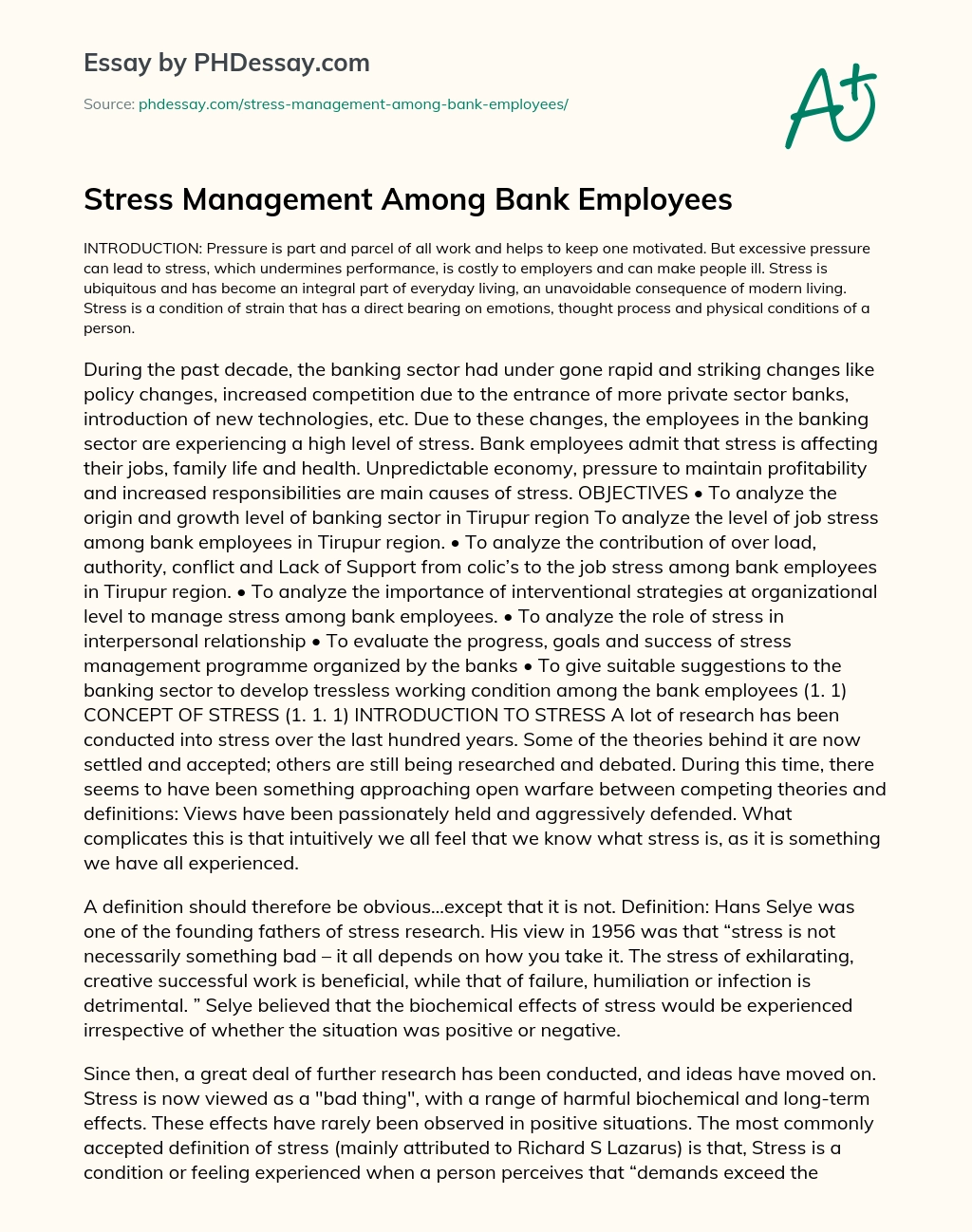 Stress Management Among Bank Employees essay