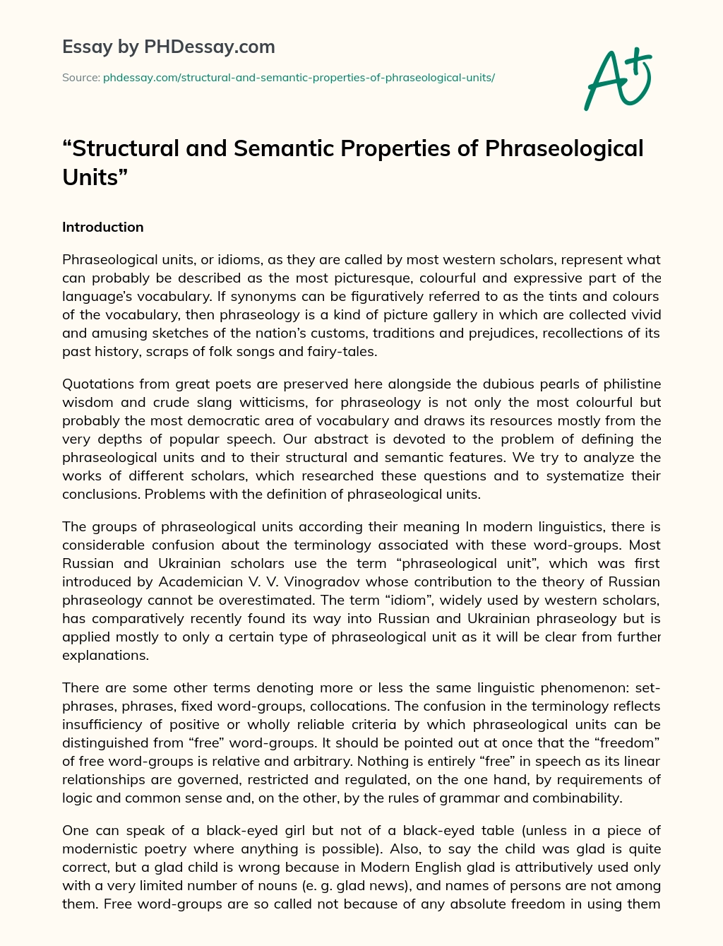 Structural and Semantic Properties of Phraseological Units essay